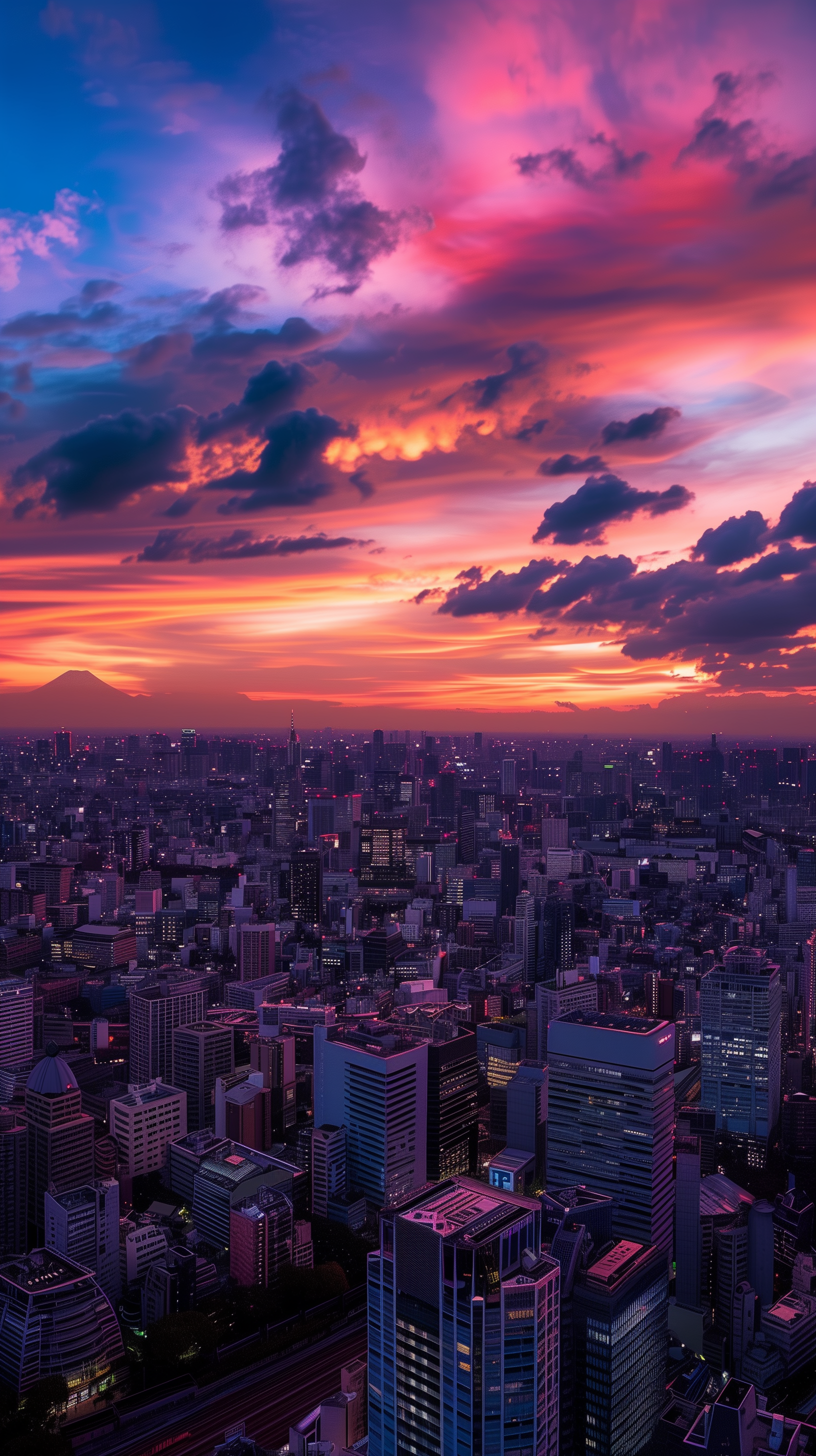 A stunning phone wallpaper capturing a vibrant Tokyo skyline at sunset, featuring silhouetted buildings against a colorful sky with clouds and Mount Fuji in the distance.