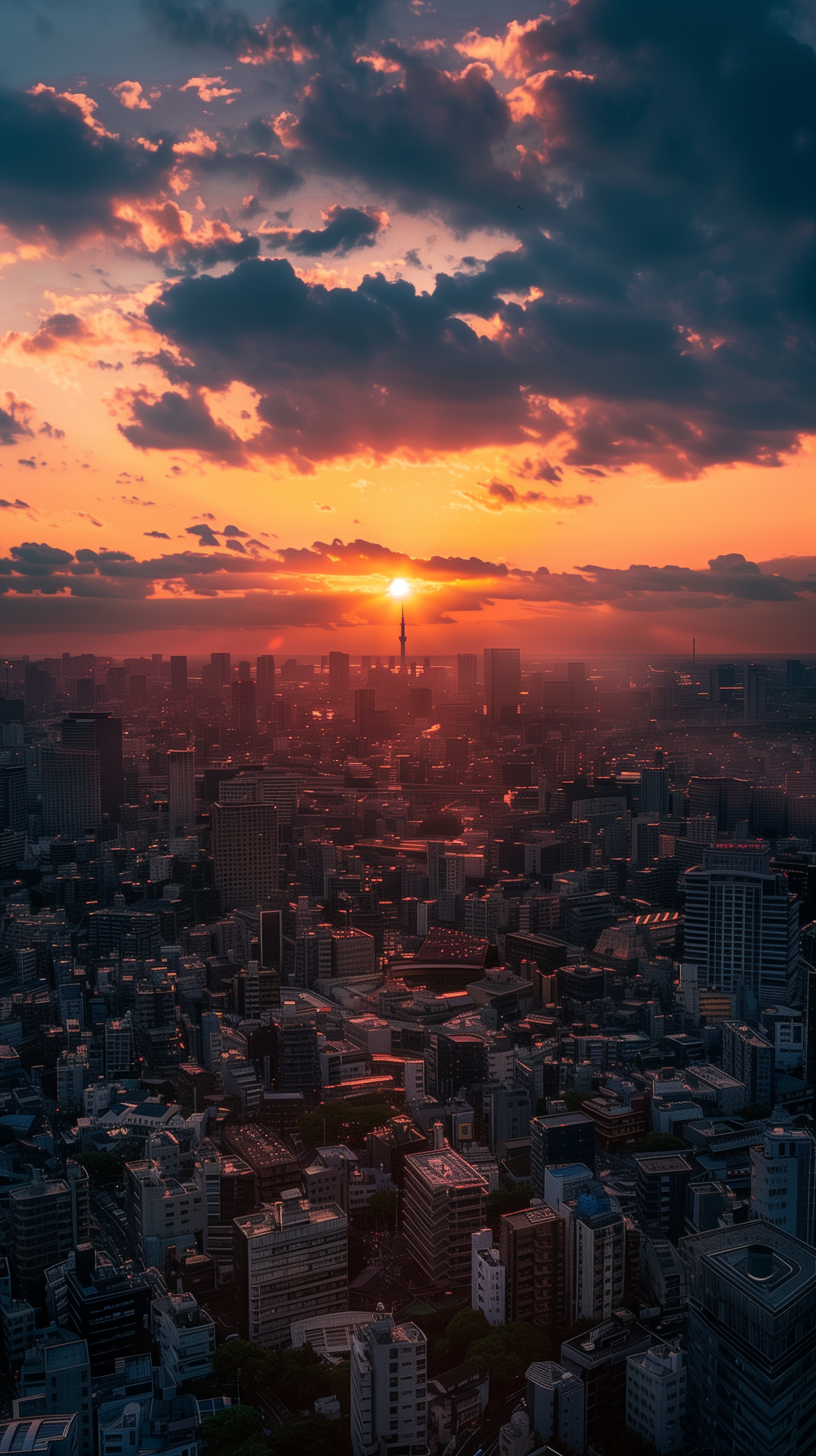 A stunning Tokyo skyline at sunset, with vibrant colors illuminating the clouds and the city below, creating a captivating phone wallpaper.
