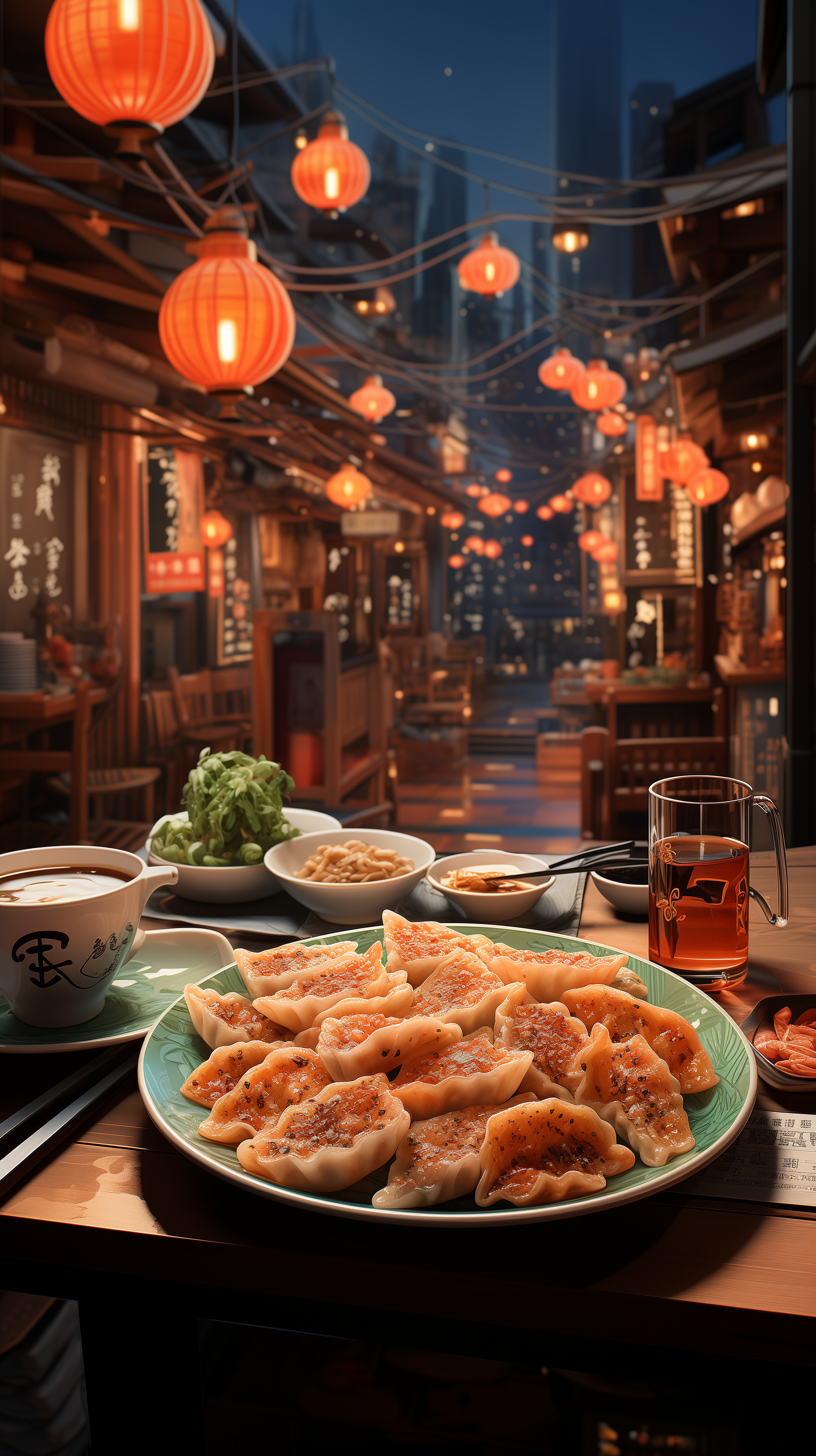 A vibrant phone wallpaper featuring a plate of dumplings, accompanied by green lettuce, dipping sauces, and a warm ambiance of lanterns in a cozy street setting.