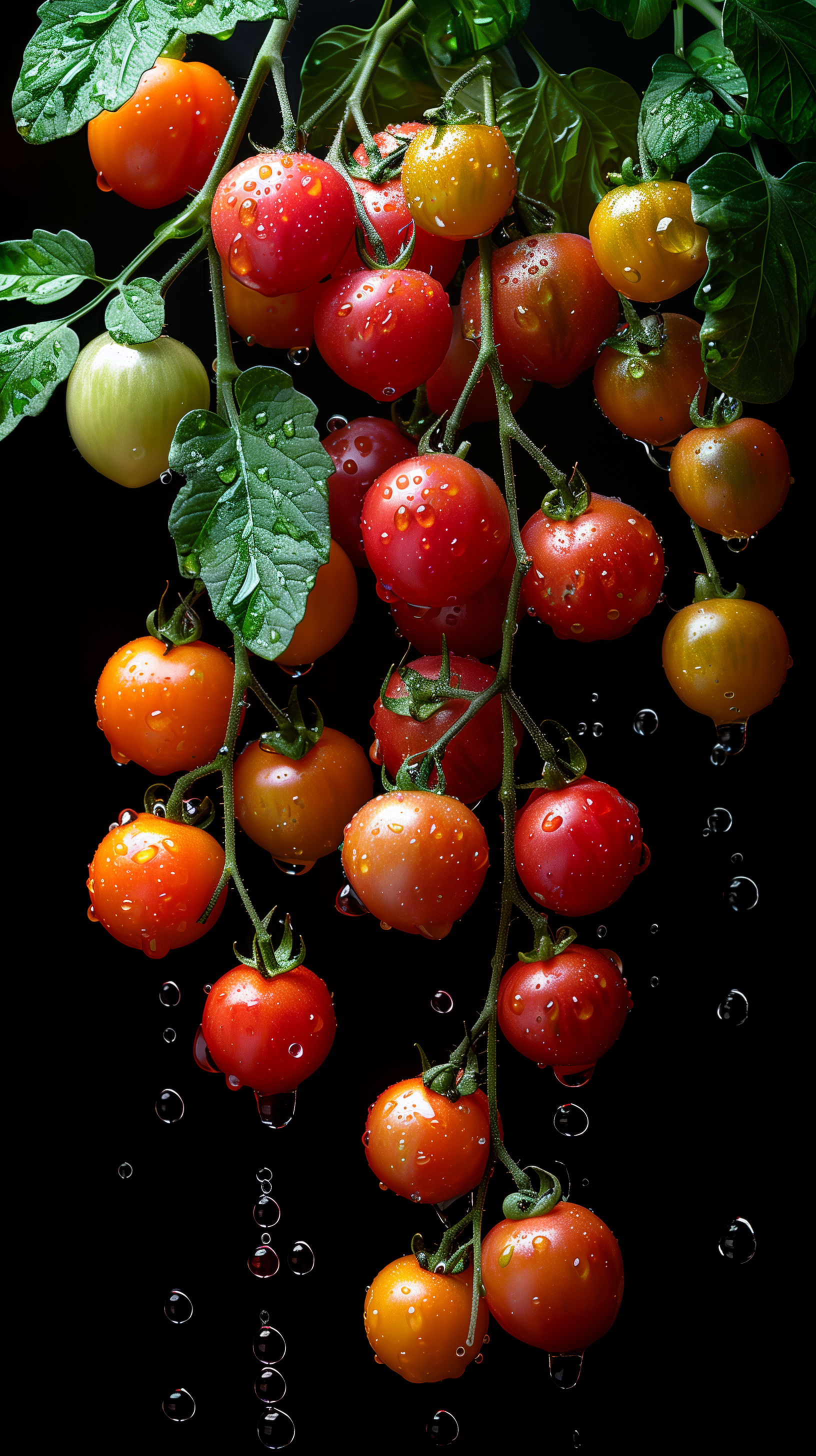 A cluster of vibrant cherry tomatoes, glistening with water droplets, hangs against a black background, creating a fresh and lively phone wallpaper.