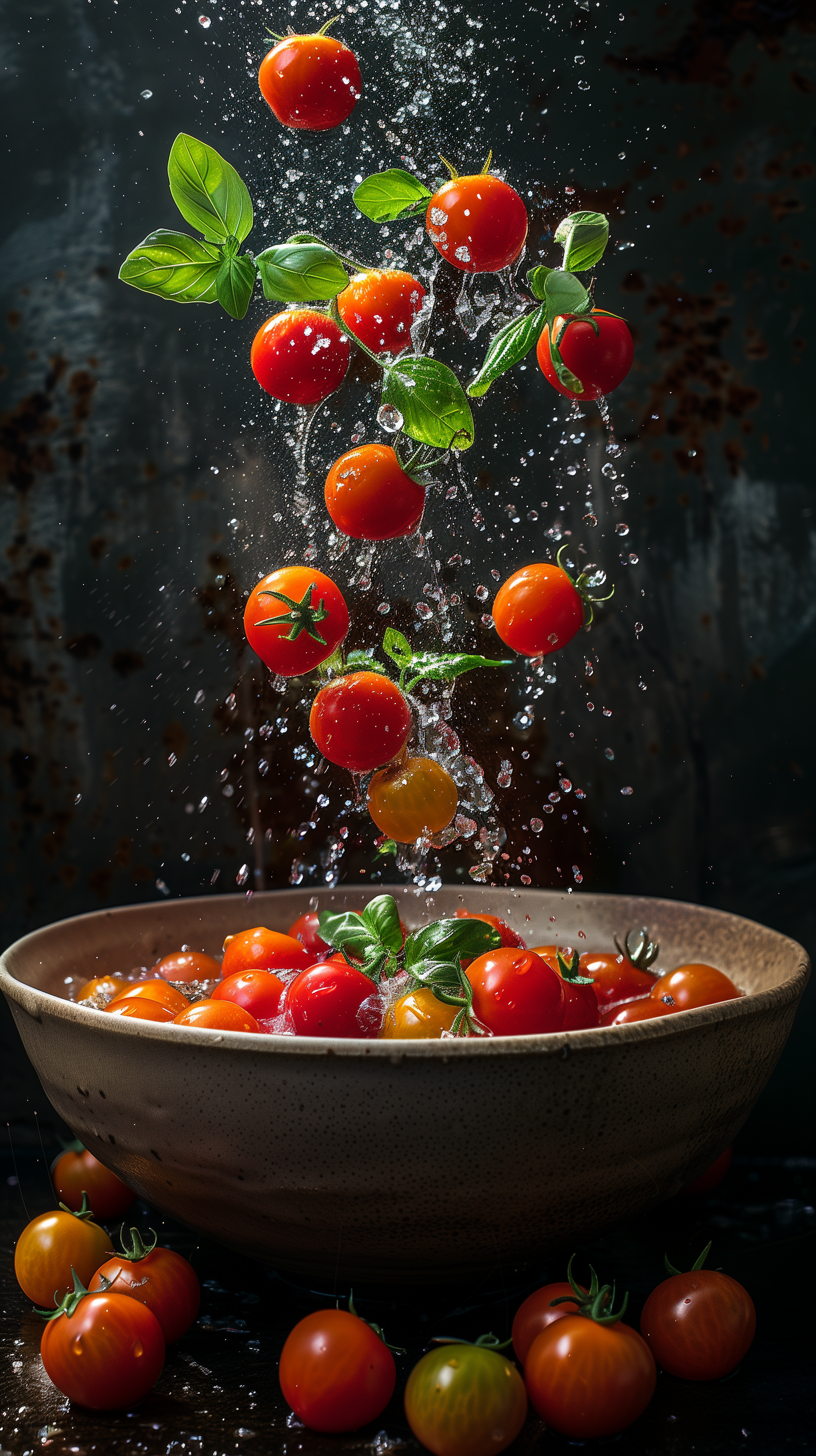 A stunning phone wallpaper featuring vibrant cherry tomatoes and fresh basil cascading through water, creating a refreshing and lively aesthetic.