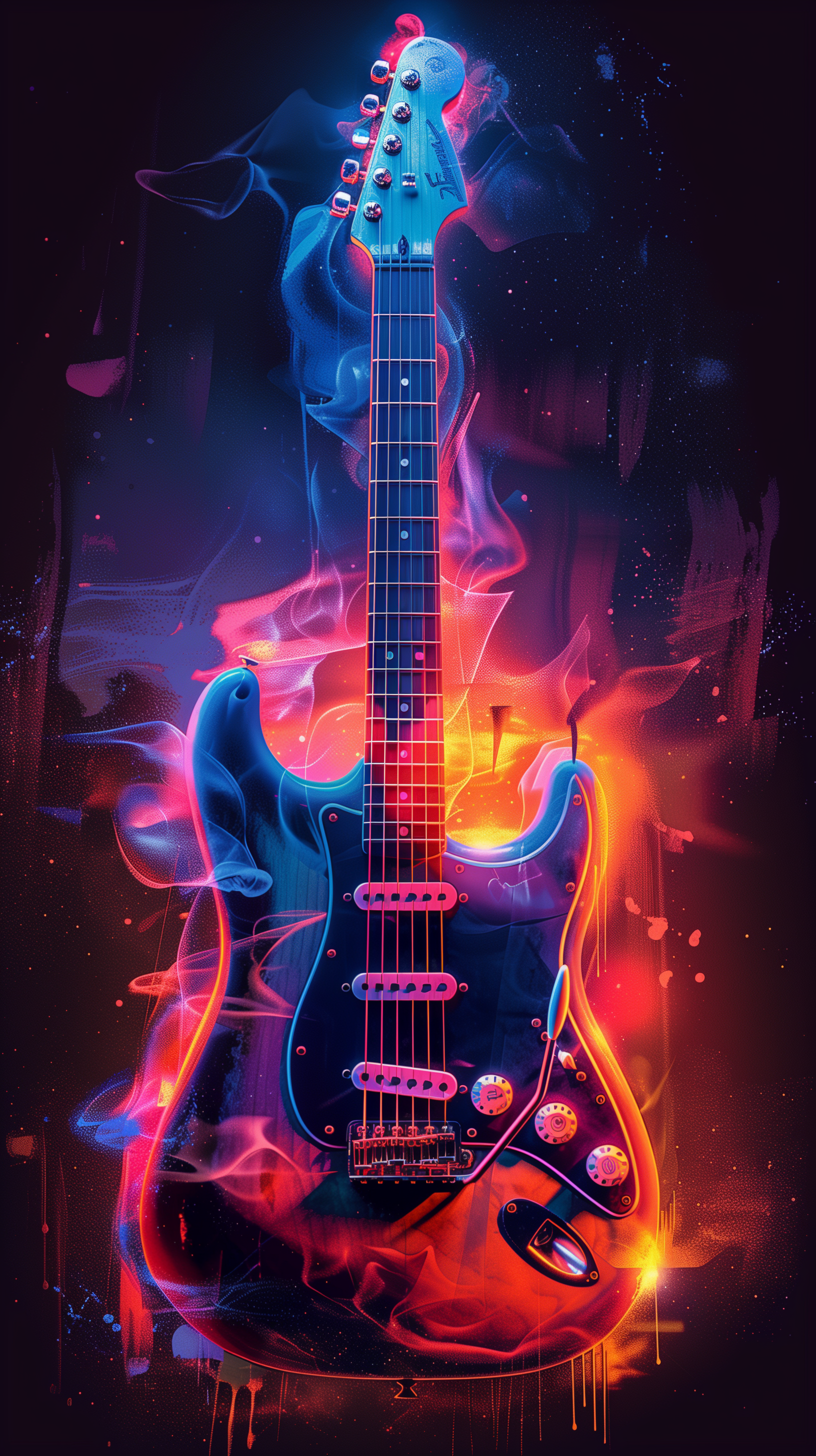 Electric guitar engulfed in vibrant blue and fiery orange flames on a dark background, designed as a stylish phone wallpaper.