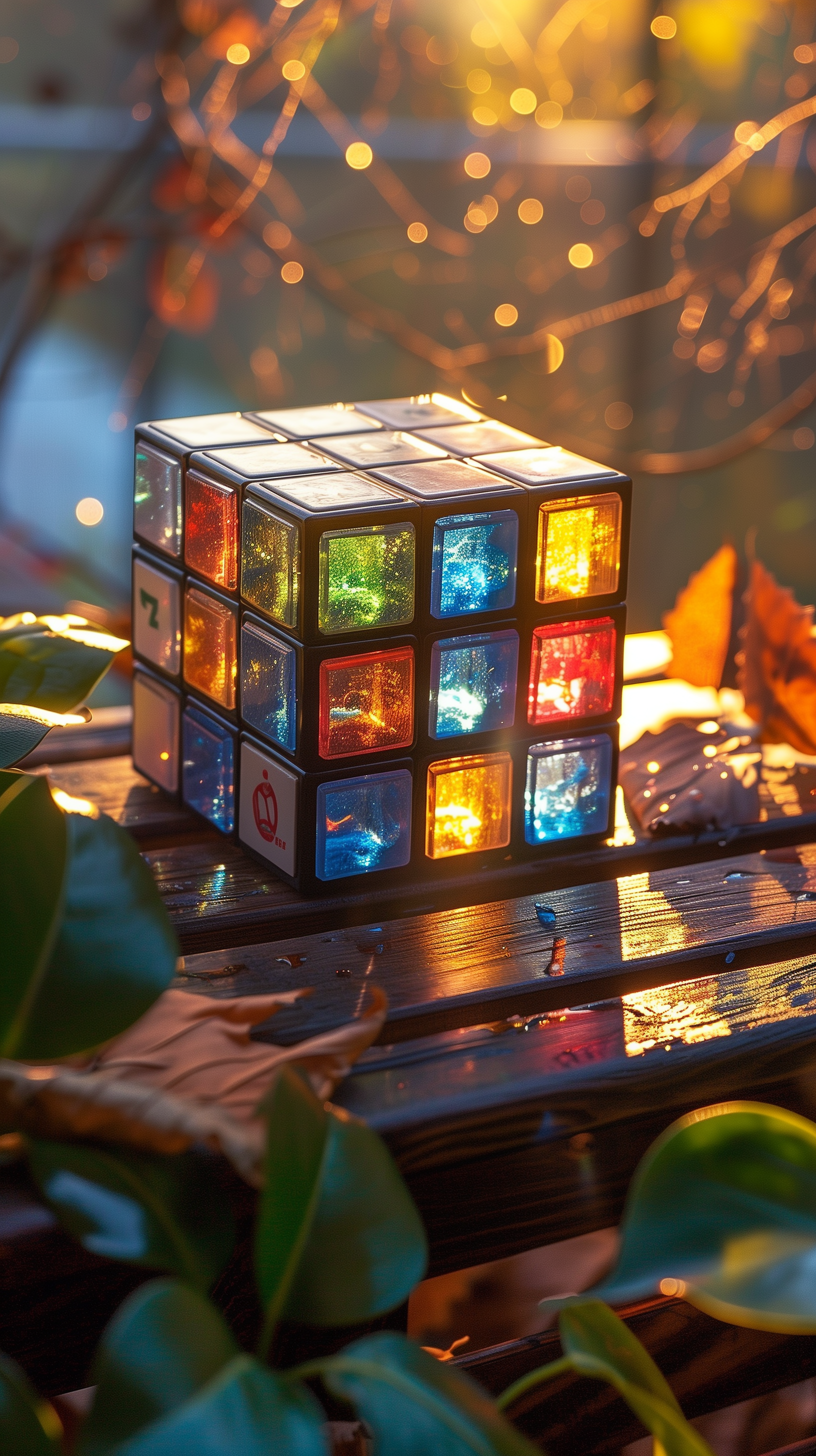 A vibrant Rubik's Cube resting on a wooden surface, illuminated by warm sunlight, surrounded by autumn leaves. This image serves as a captivating phone wallpaper.