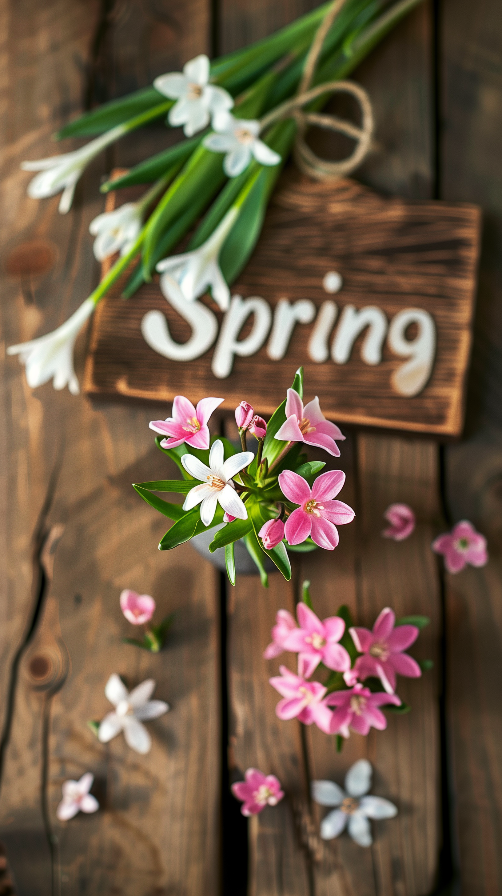 Spring-themed phone wallpaper with fresh pink and white flowers on a wooden background with a 'Spring' sign.