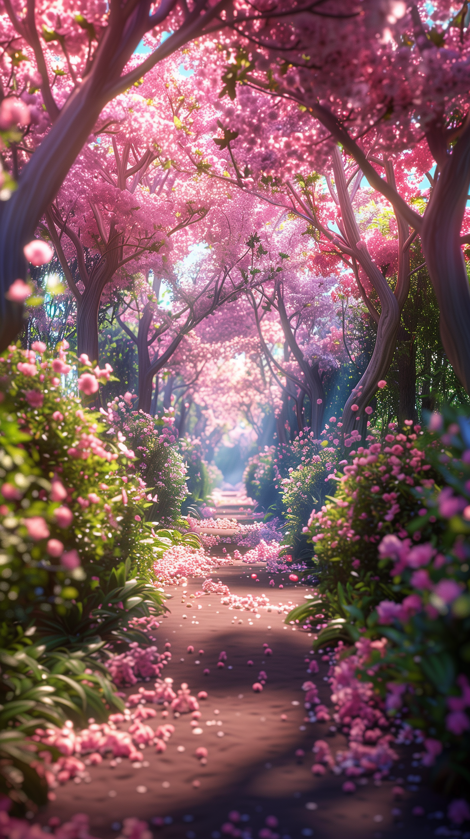 Spring cherry blossoms over a peaceful path for phone wallpaper.
