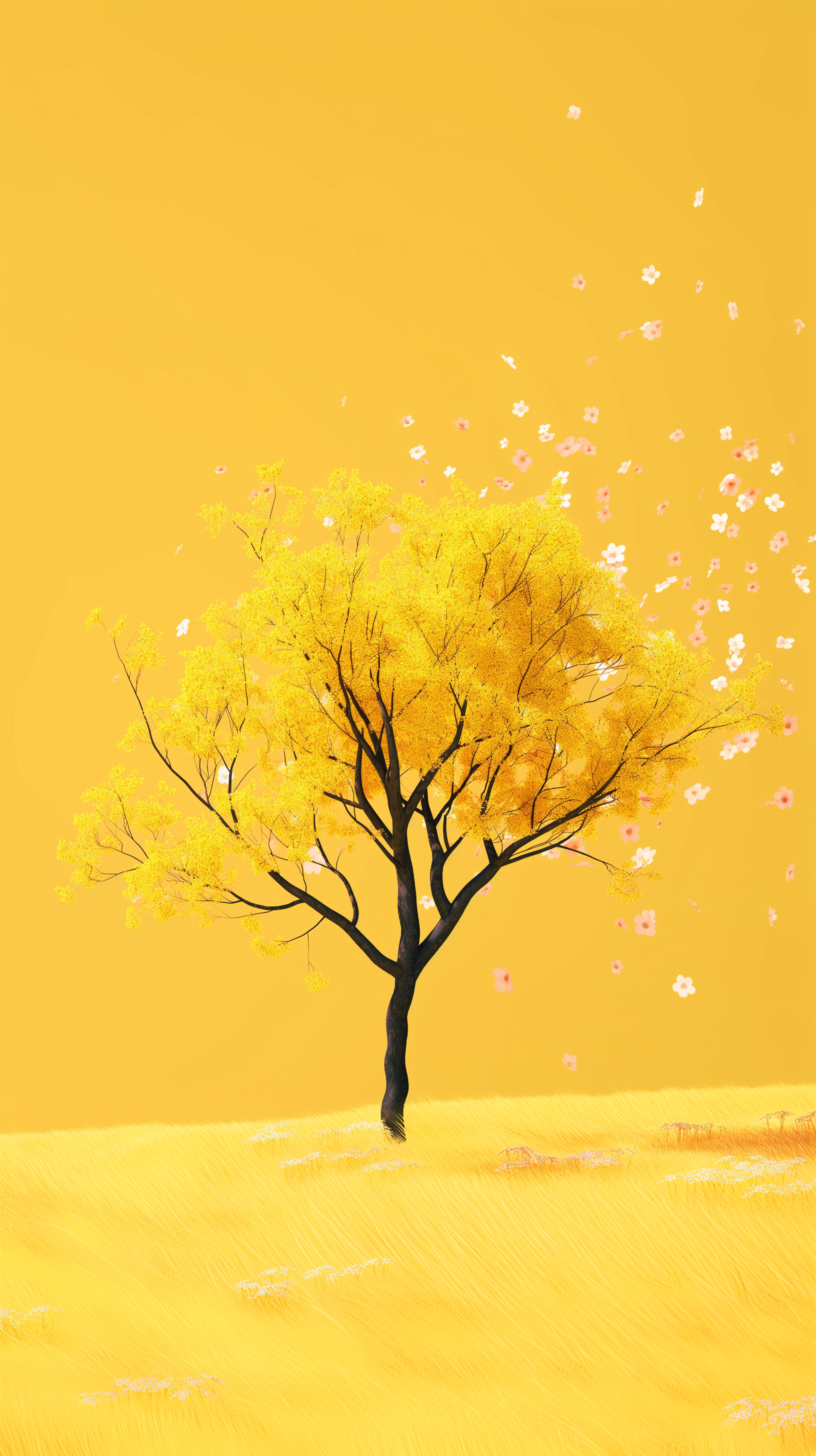 A vibrant yellow tree stands against a sunny backdrop, surrounded by delicate petals, capturing the essence of spring. This beautiful image makes a delightful phone wallpaper.