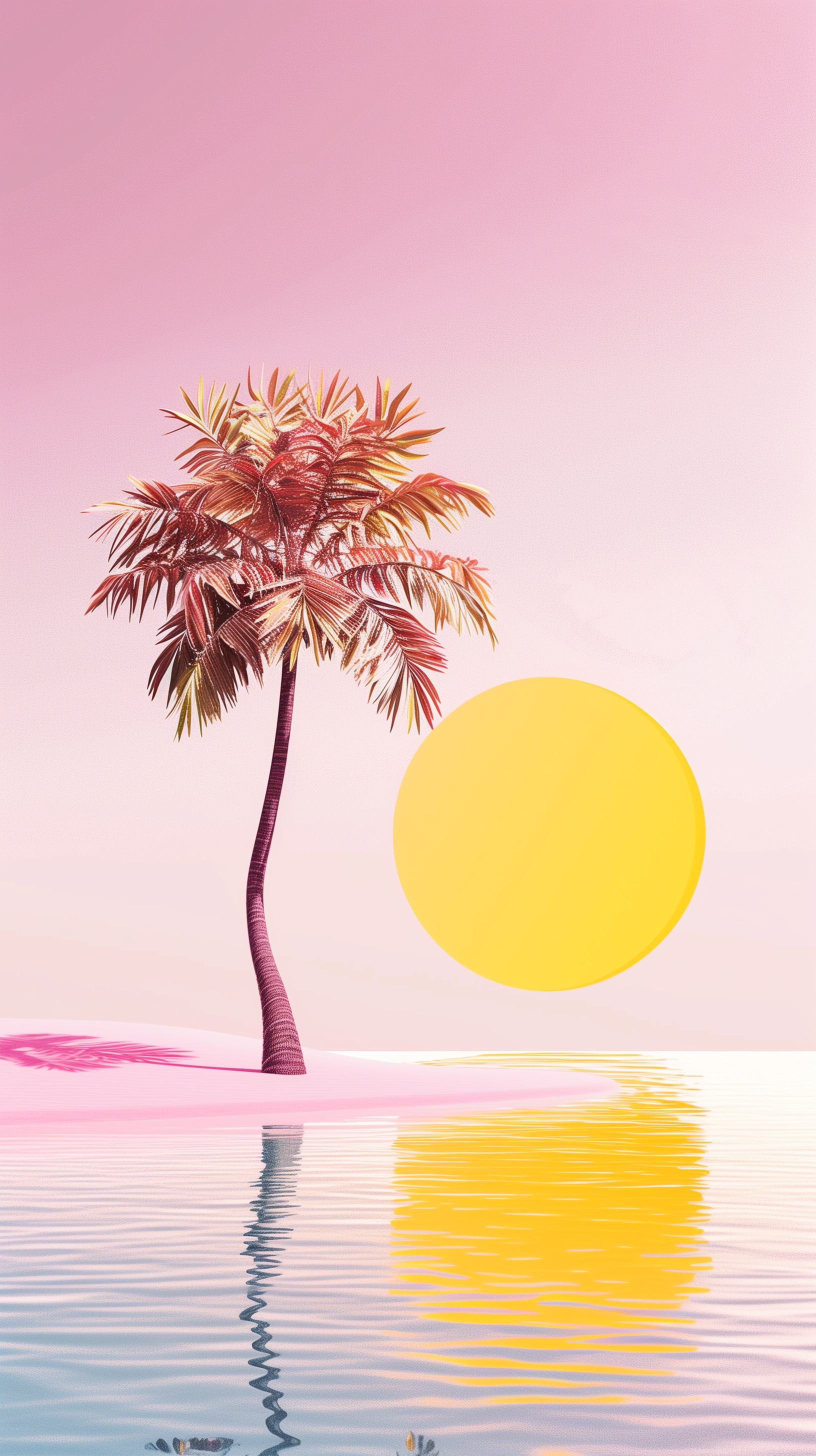 A serene island scene featuring a palm tree beside a calm ocean, set against a vibrant pink sky and a bright yellow sun, creating a tranquil phone wallpaper.