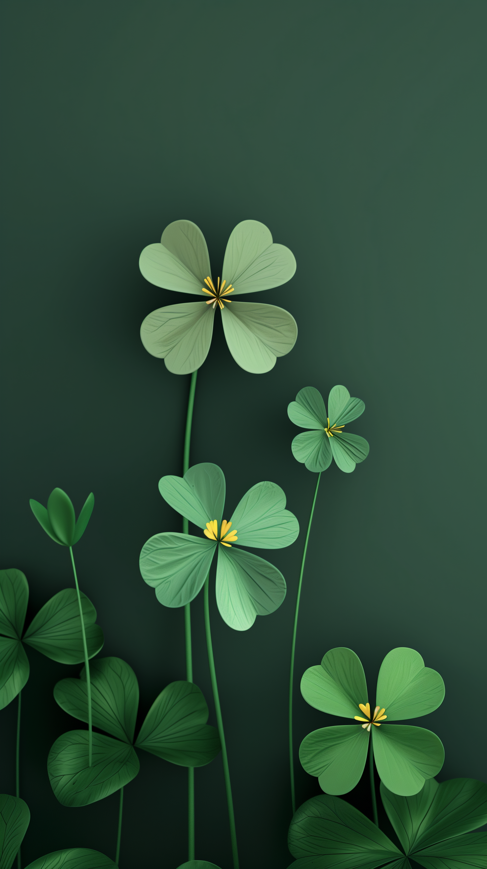 Spring-themed phone wallpaper featuring a design of green clovers on a dark background.