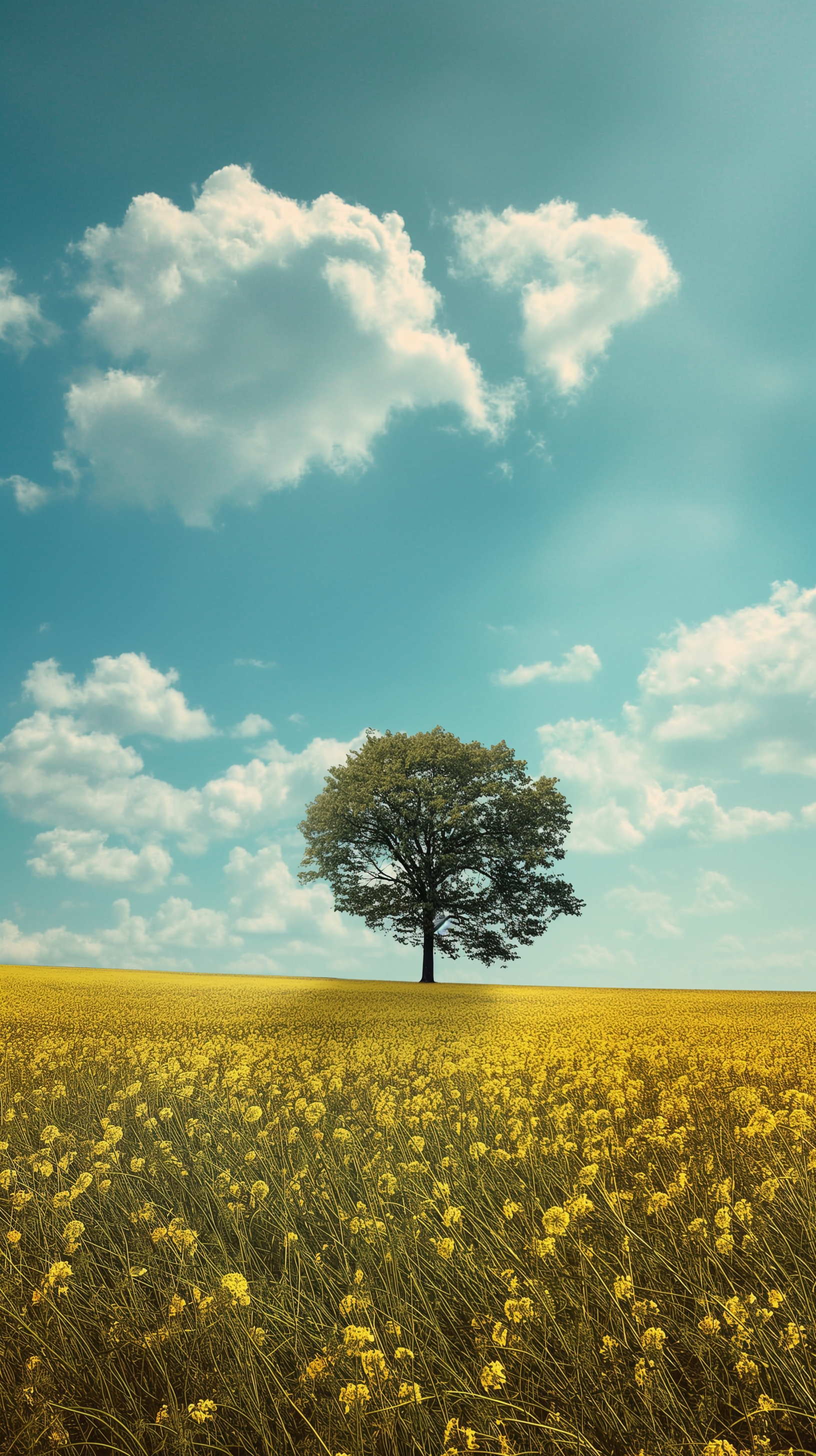 Spring tree in blooming field under blue sky for phone wallpaper.