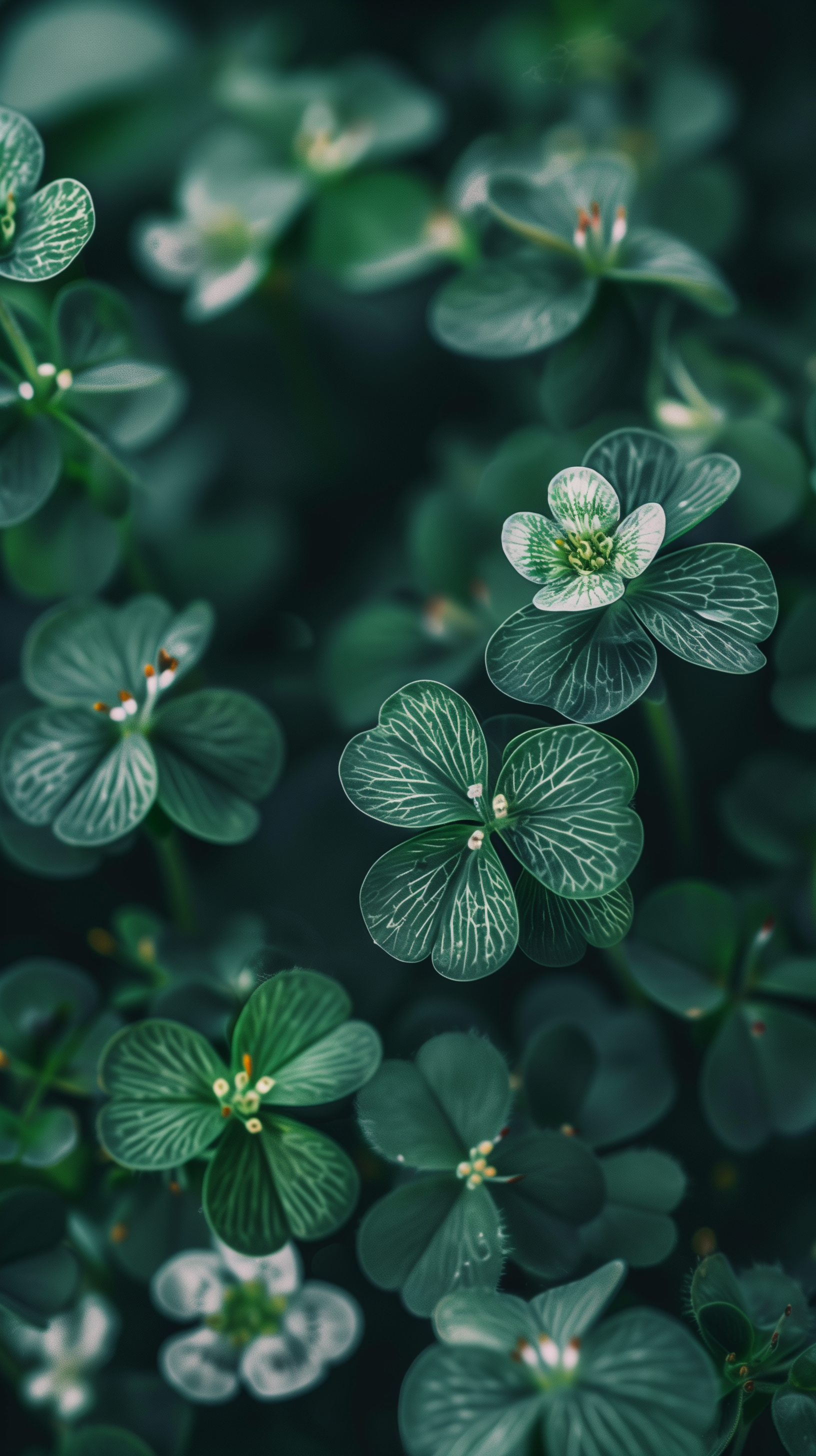 A lush green phone wallpaper featuring vibrant clover leaves, showcasing the fresh and lively essence of spring with delicate white flowers interspersed throughout.
