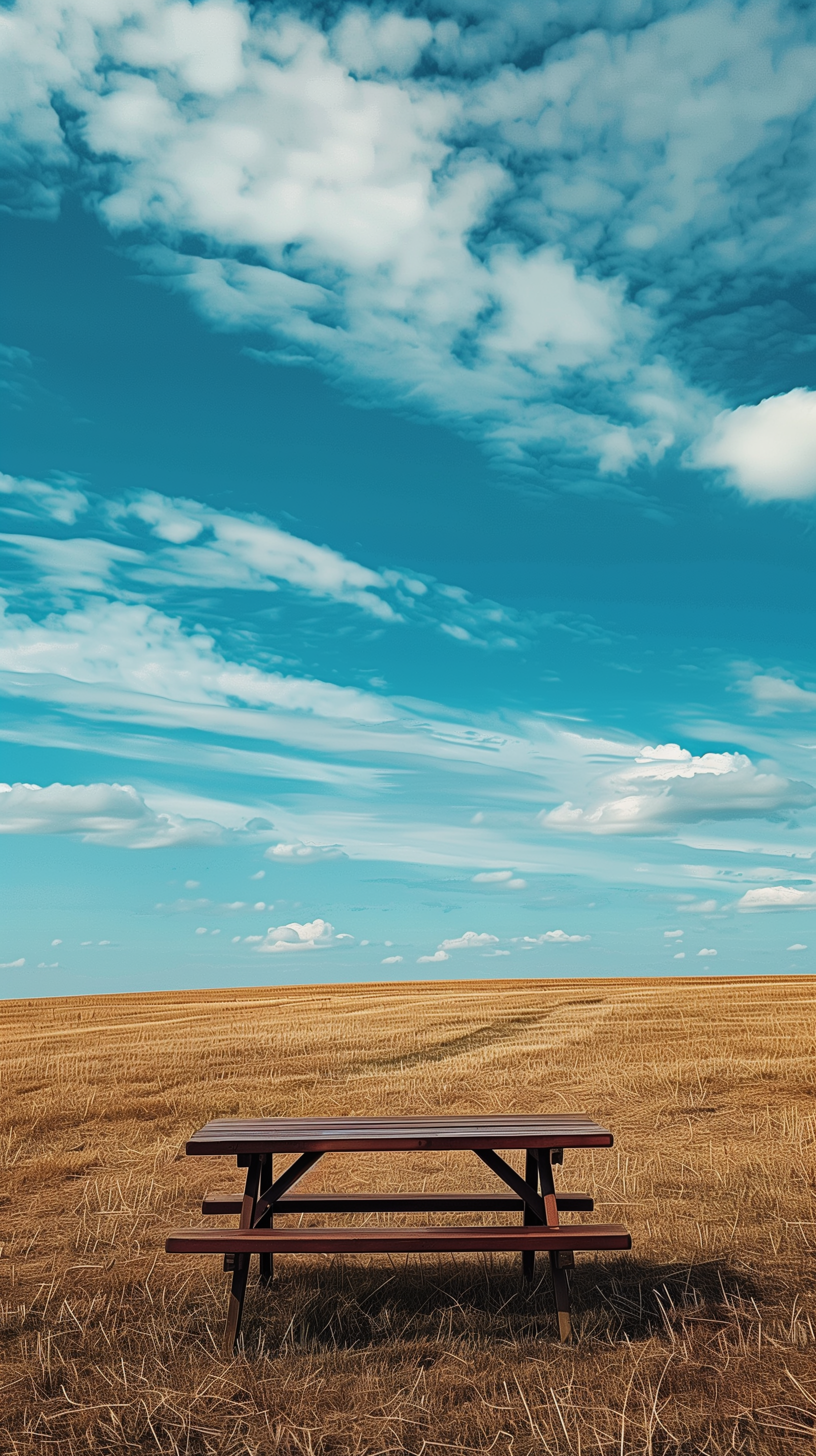 Scenic phone wallpaper featuring a solitary picnic table set against a stunning backdrop of a wide golden field and a vibrant blue sky with wispy clouds.