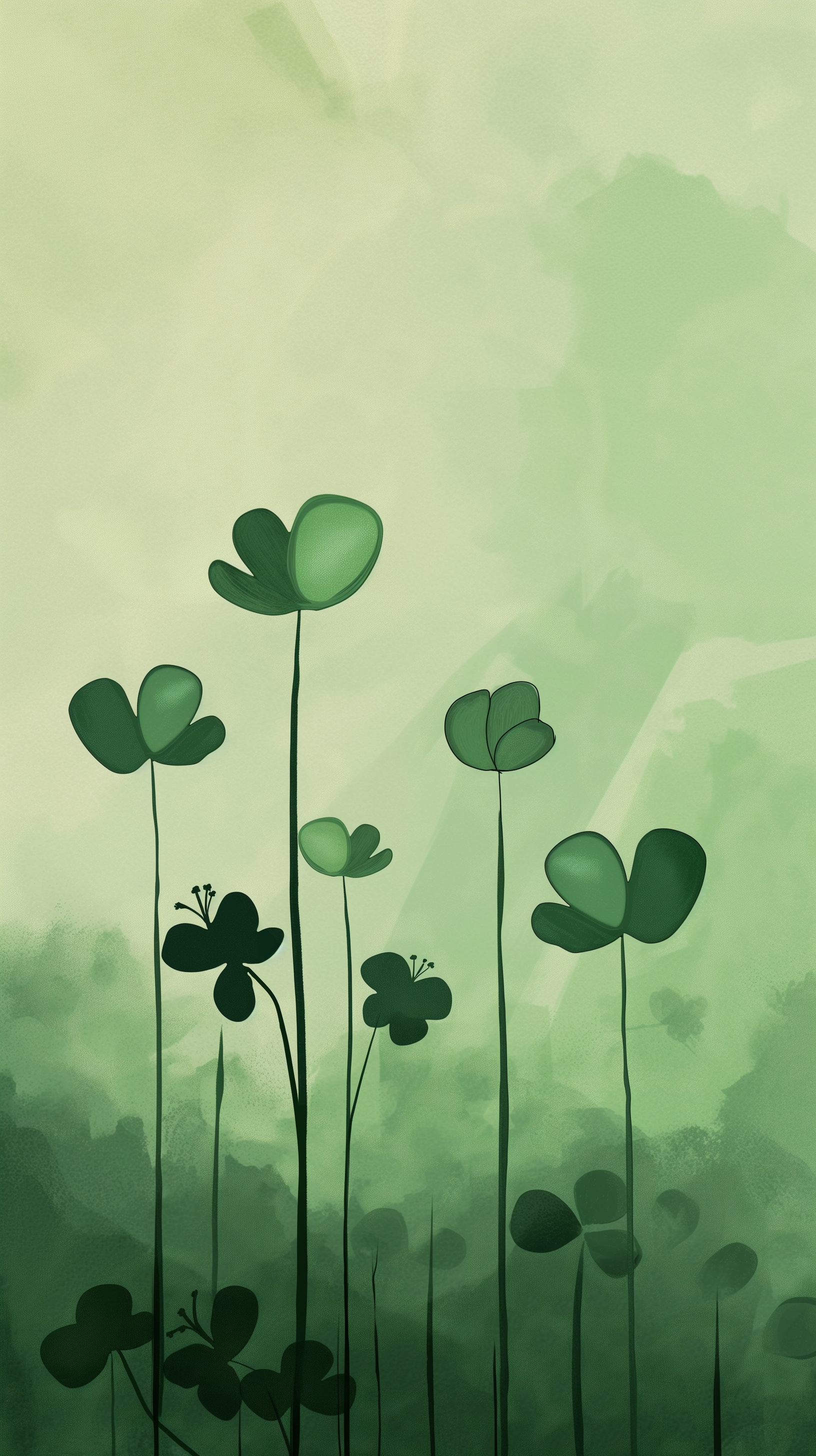Spring-themed clover wallpaper for phones featuring elegant silhouettes of clover leaves on a green watercolor background.