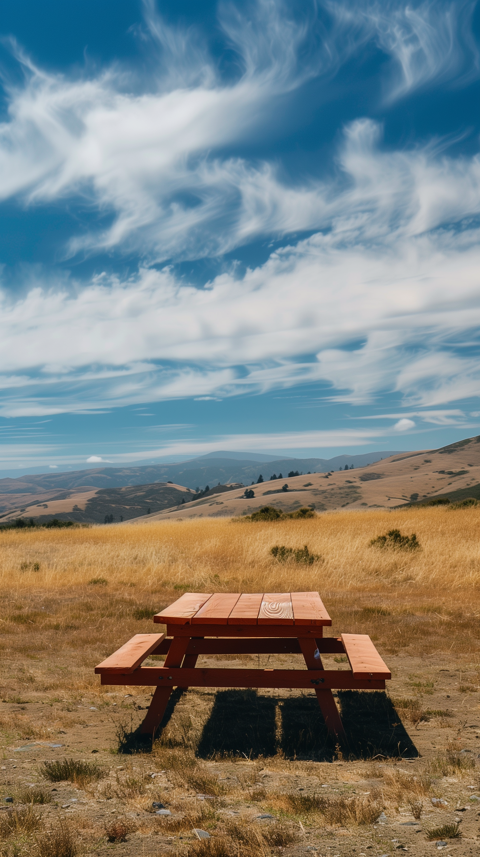 Phone wallpaper featuring a solitary picnic table on a grassy hill with a beautiful, wispy clouded sky above.