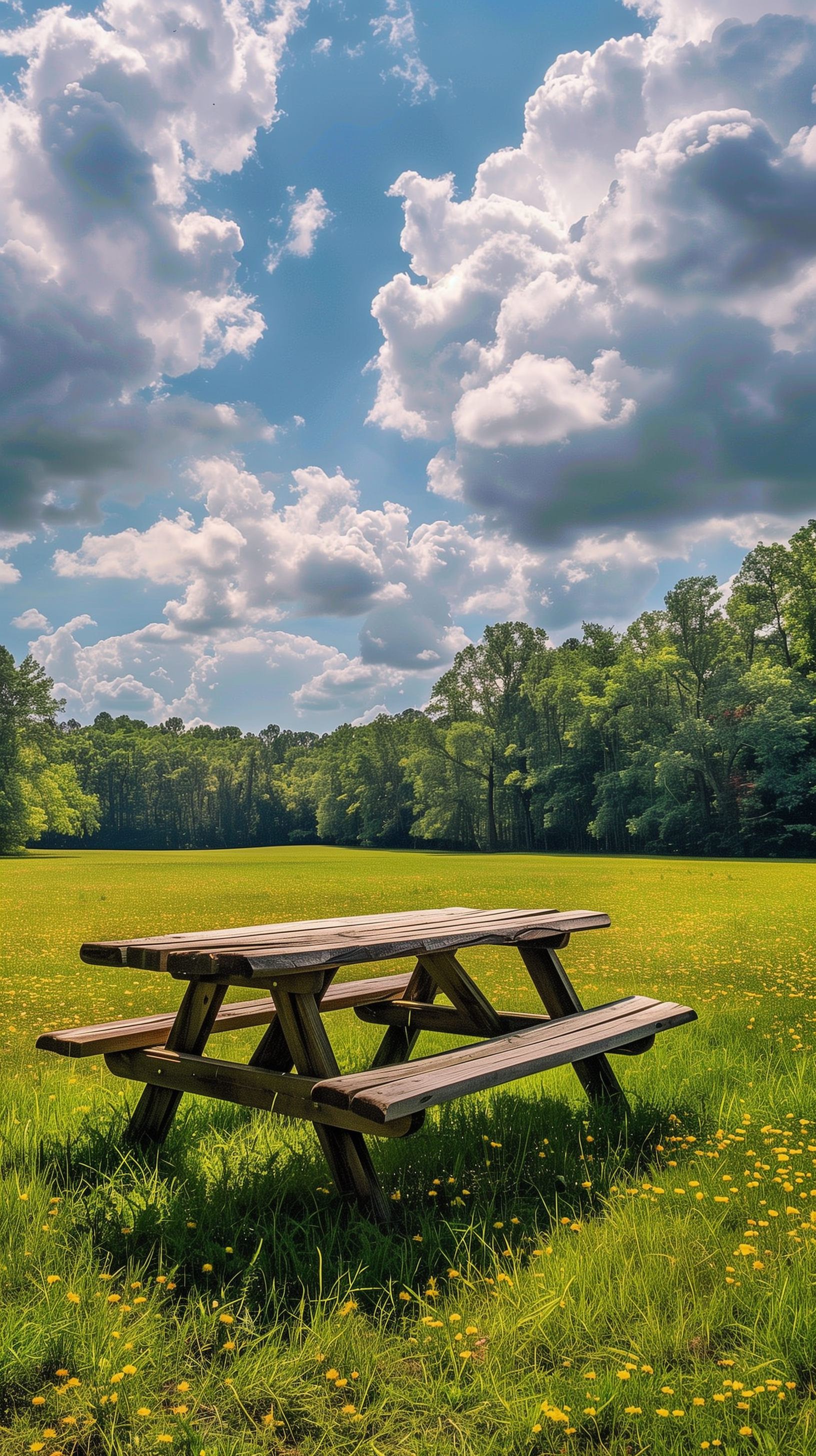 Scenic phone wallpaper featuring a lone picnic table in a lush green field under a blue sky with fluffy white clouds.