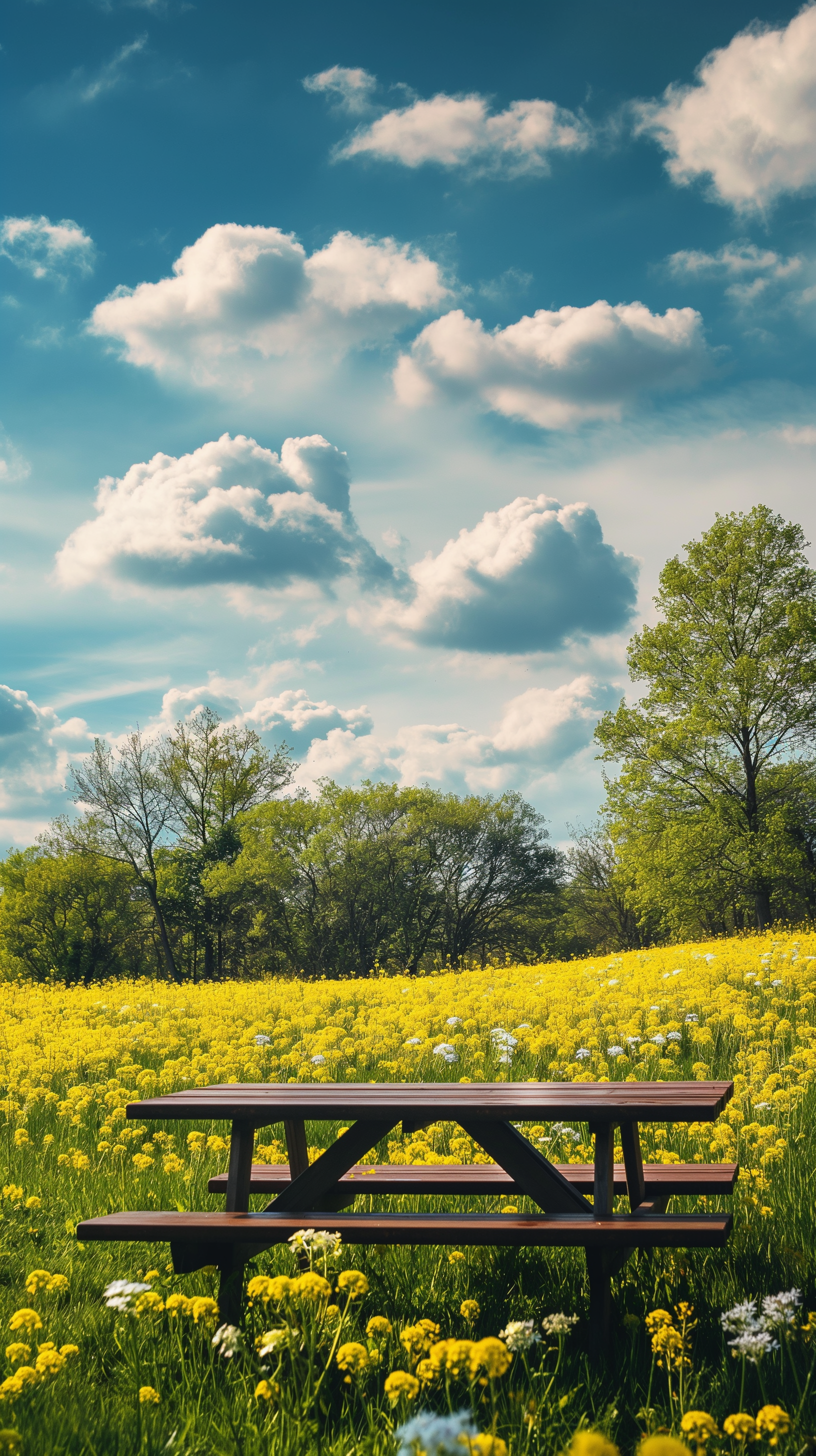 Scenic phone wallpaper featuring a wooden picnic table in a vibrant yellow flowering field with a backdrop of blue skies and fluffy clouds.