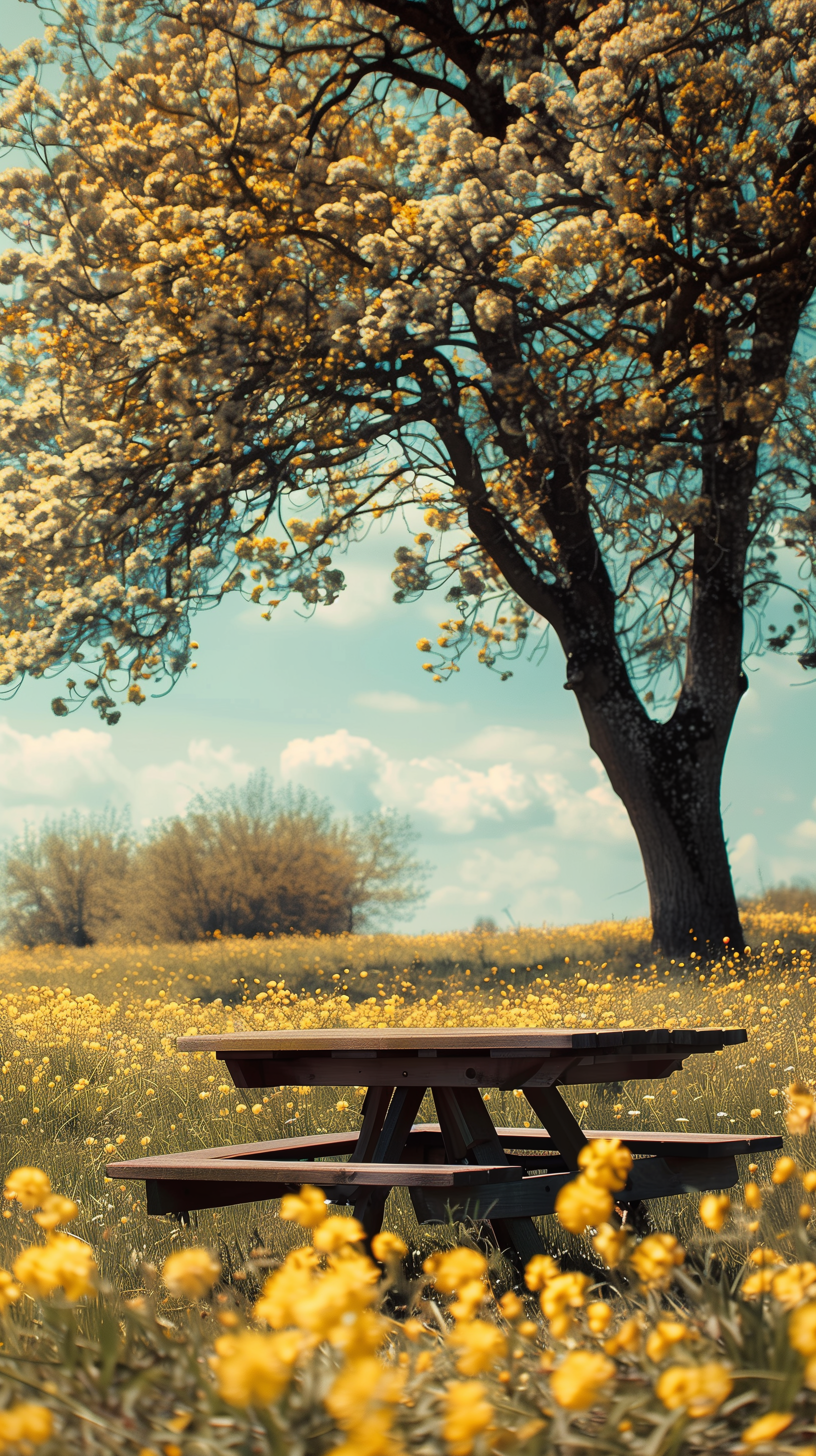 Phone wallpaper featuring a serene picnic setup with a wooden table amidst a blooming field under a tree, evoking a perfect spring day.