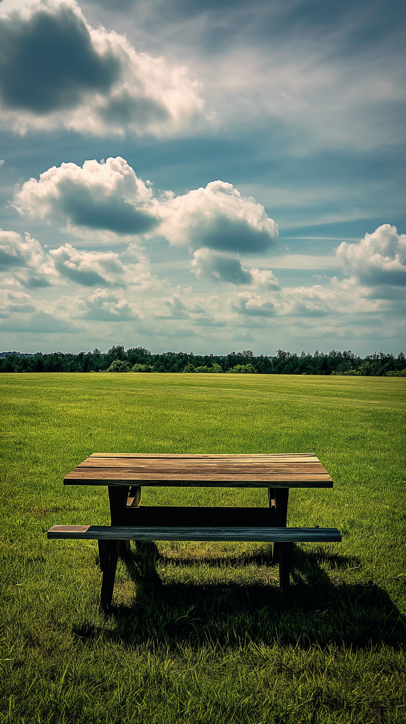 Serene picnic table wallpaper featuring a wooden table on green grass under a cloudy blue sky.