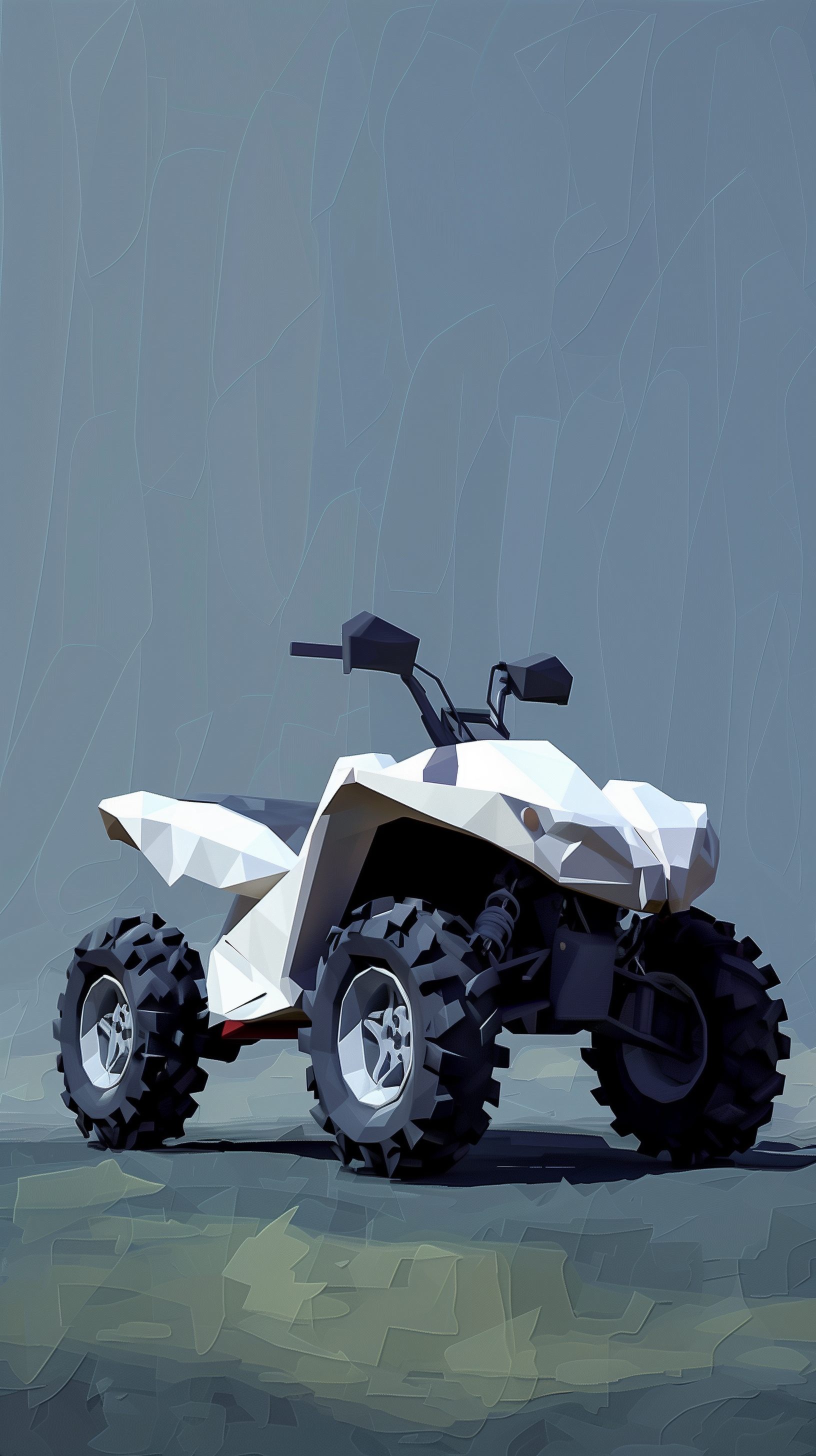 Stylized low-poly illustration of a quad bike for a phone wallpaper with a cool toned background.