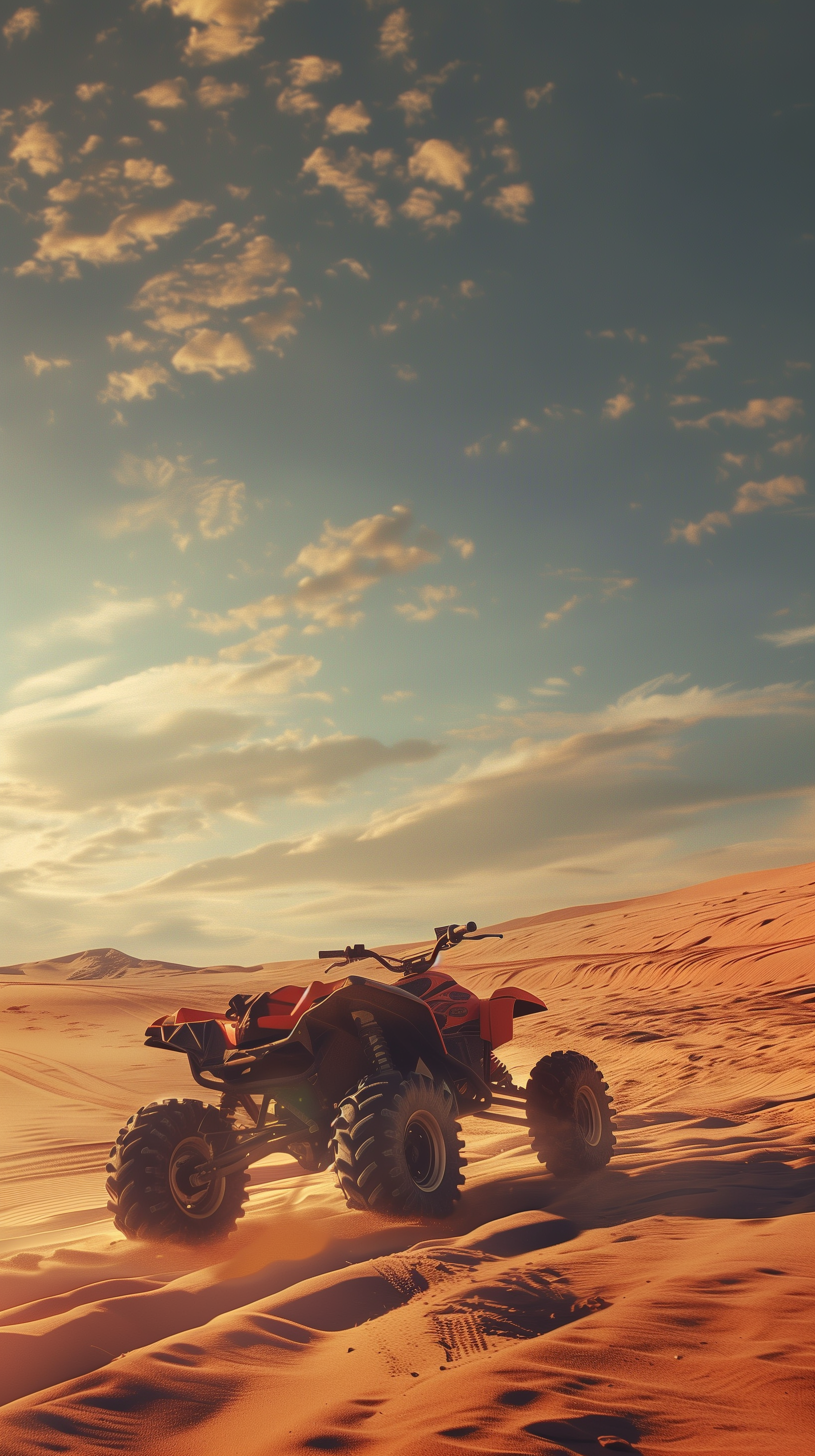 A striking phone wallpaper featuring a vibrant quad bike parked amid sweeping desert dunes under a dramatic sky, capturing the essence of adventure and exploration.