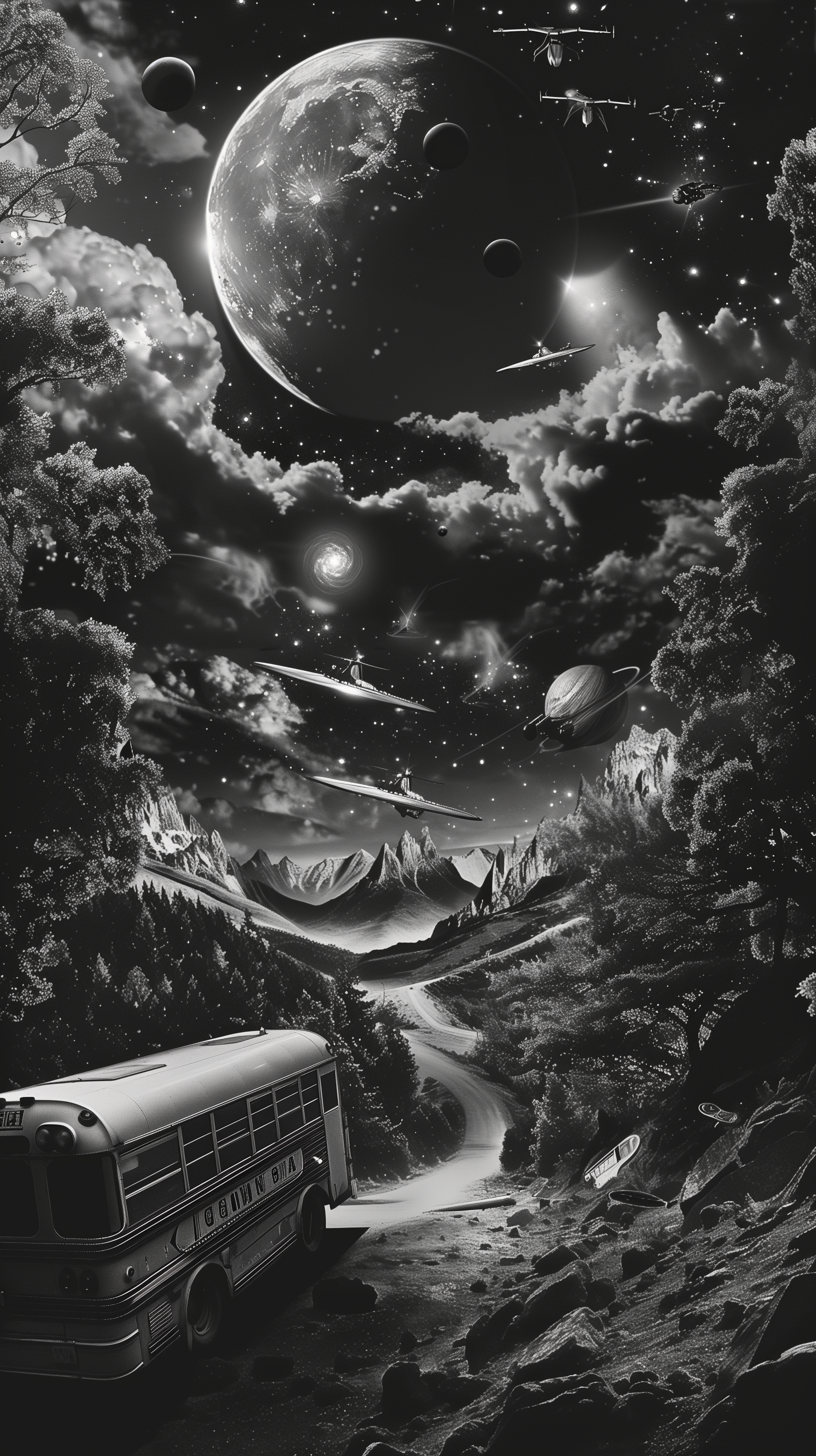 Fantasy space-themed black and white school bus wallpaper featuring a school bus on a winding road with an otherworldly backdrop of planets and stars.
