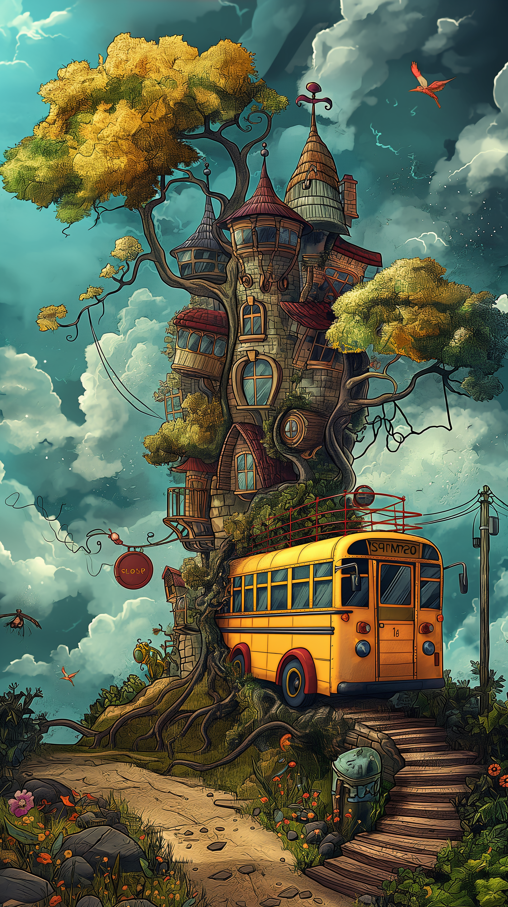 Whimsical phone wallpaper featuring a yellow school bus beside a fantastical treehouse with vibrant foliage under a dynamic sky.