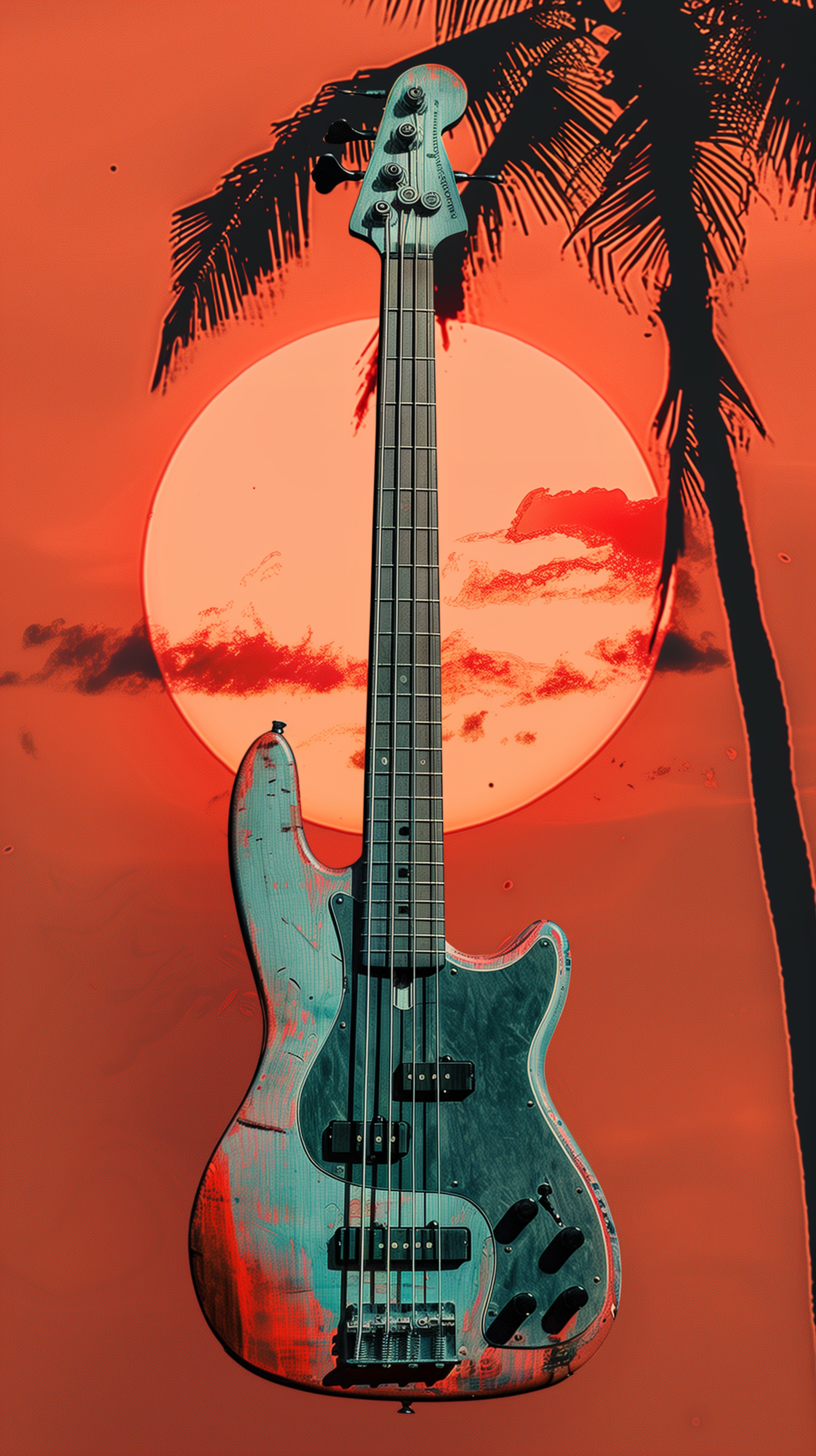 Retro-style guitar wallpaper with tropical sunset and palm silhouette.