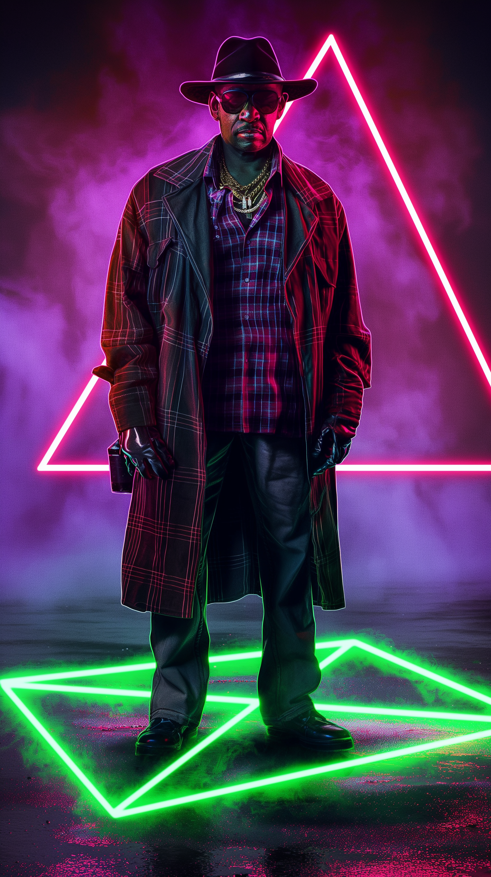 A neon-lit phone wallpaper featuring a man in a stylish outfit, standing confidently within geometric neon shapes of green and pink, surrounded by a misty atmosphere.