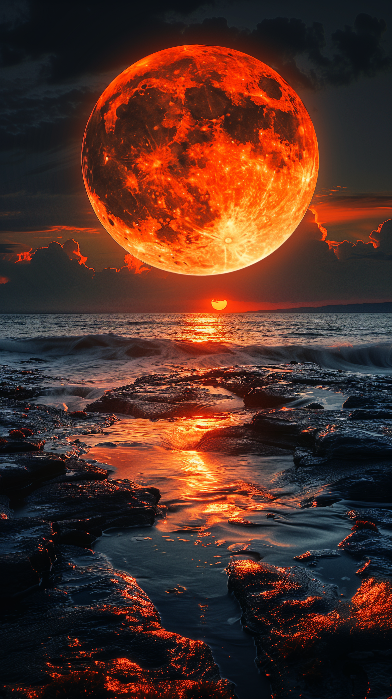 Stunning moonrise over ocean wallpaper with a large red moon and reflective water for phones.