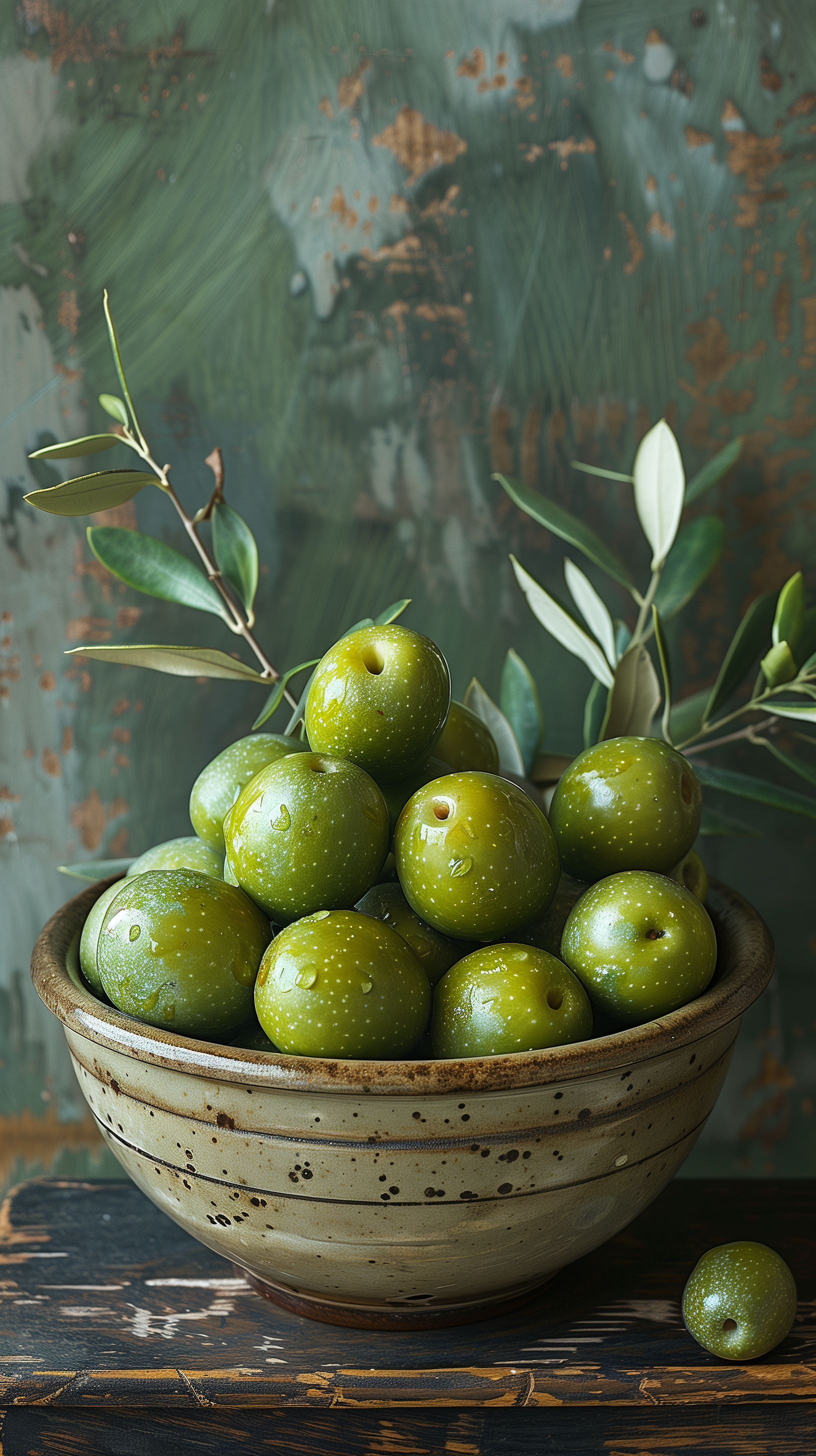 Fresh green olives in a rustic bowl set as a phone wallpaper with an artistic, textured background.