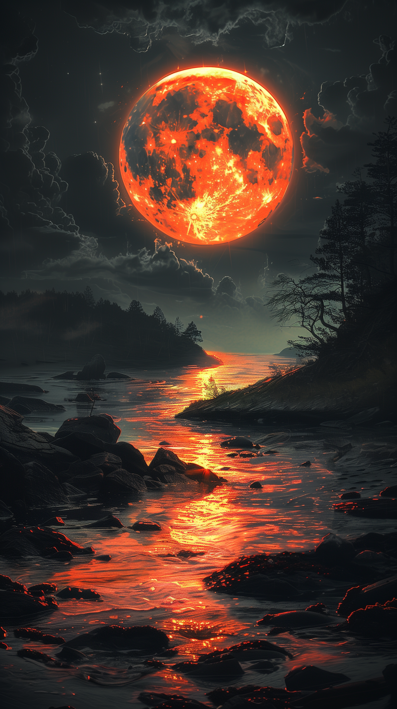 Artistic phone wallpaper featuring a dramatic red moonrise over a serene river landscape with reflections on the water.