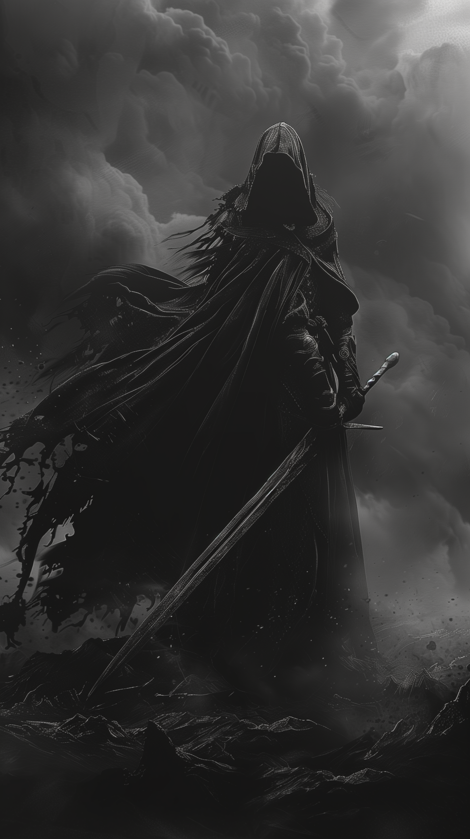 Phone wallpaper featuring a dramatic black and white fan art depiction of a Nazgûl from Lord of the Rings, standing with sword in a menacing pose.