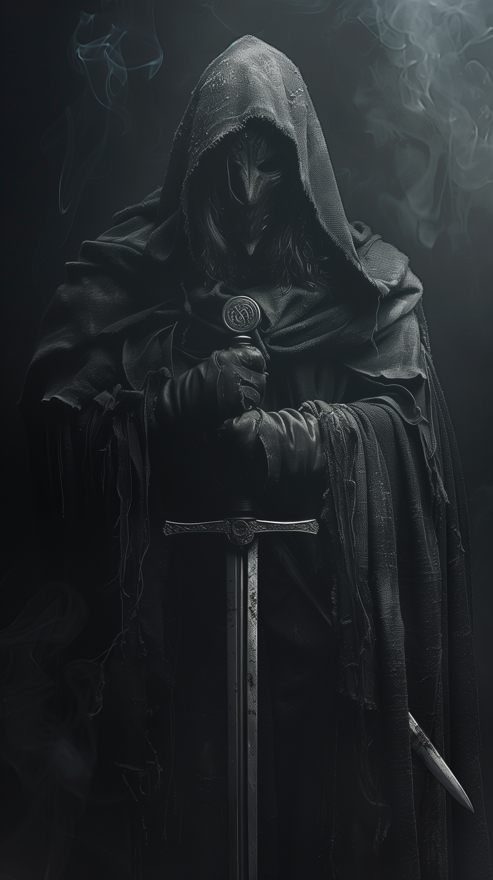 Lord of the Rings inspired Nazgûl fan art phone wallpaper featuring a dark, hooded figure with a sword.