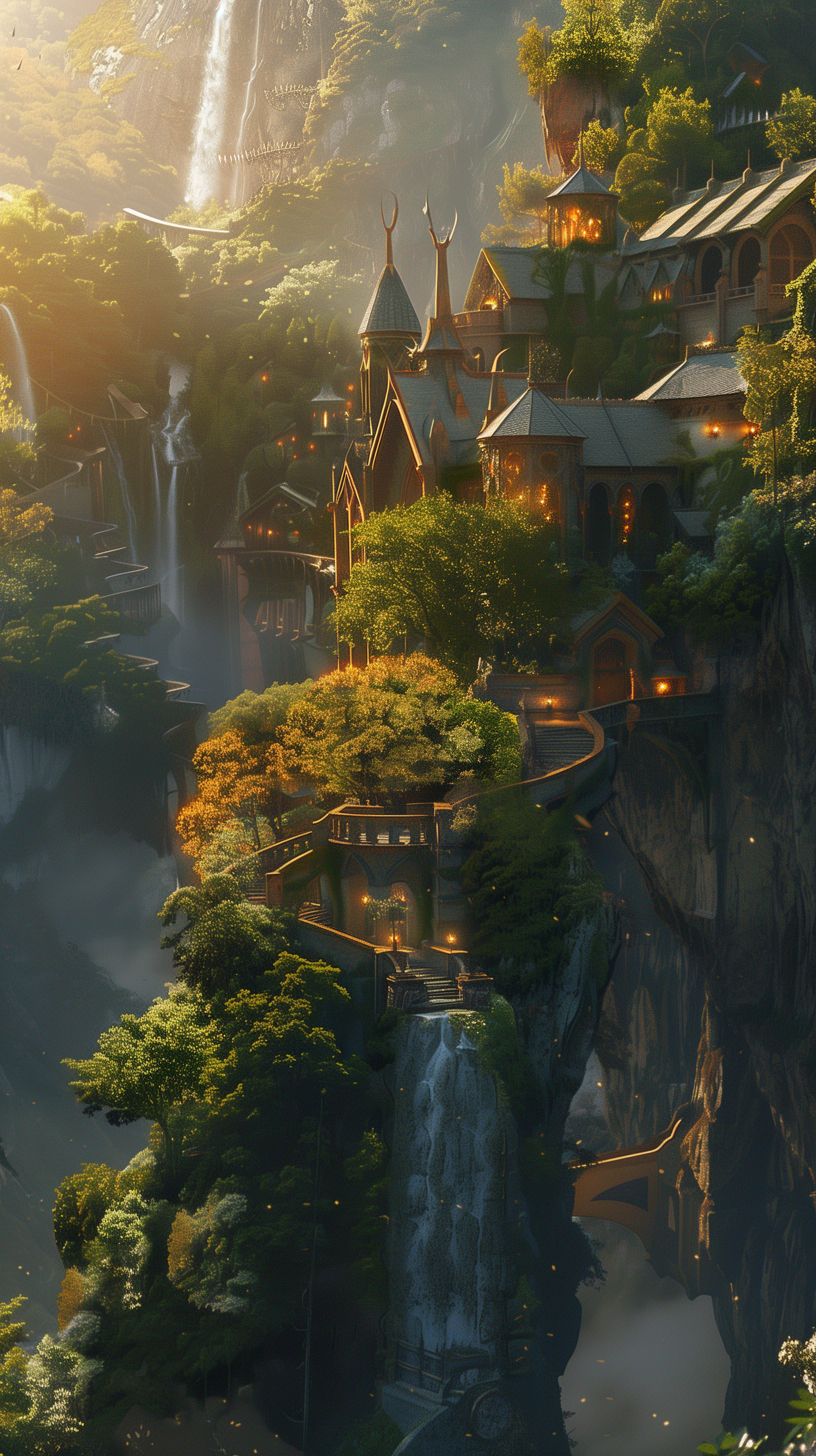 A stunning fan art depiction of Rivendell from The Lord of the Rings, showcasing lush landscapes, elegant architecture, and serene waterfalls, designed as a captivating phone wallpaper.