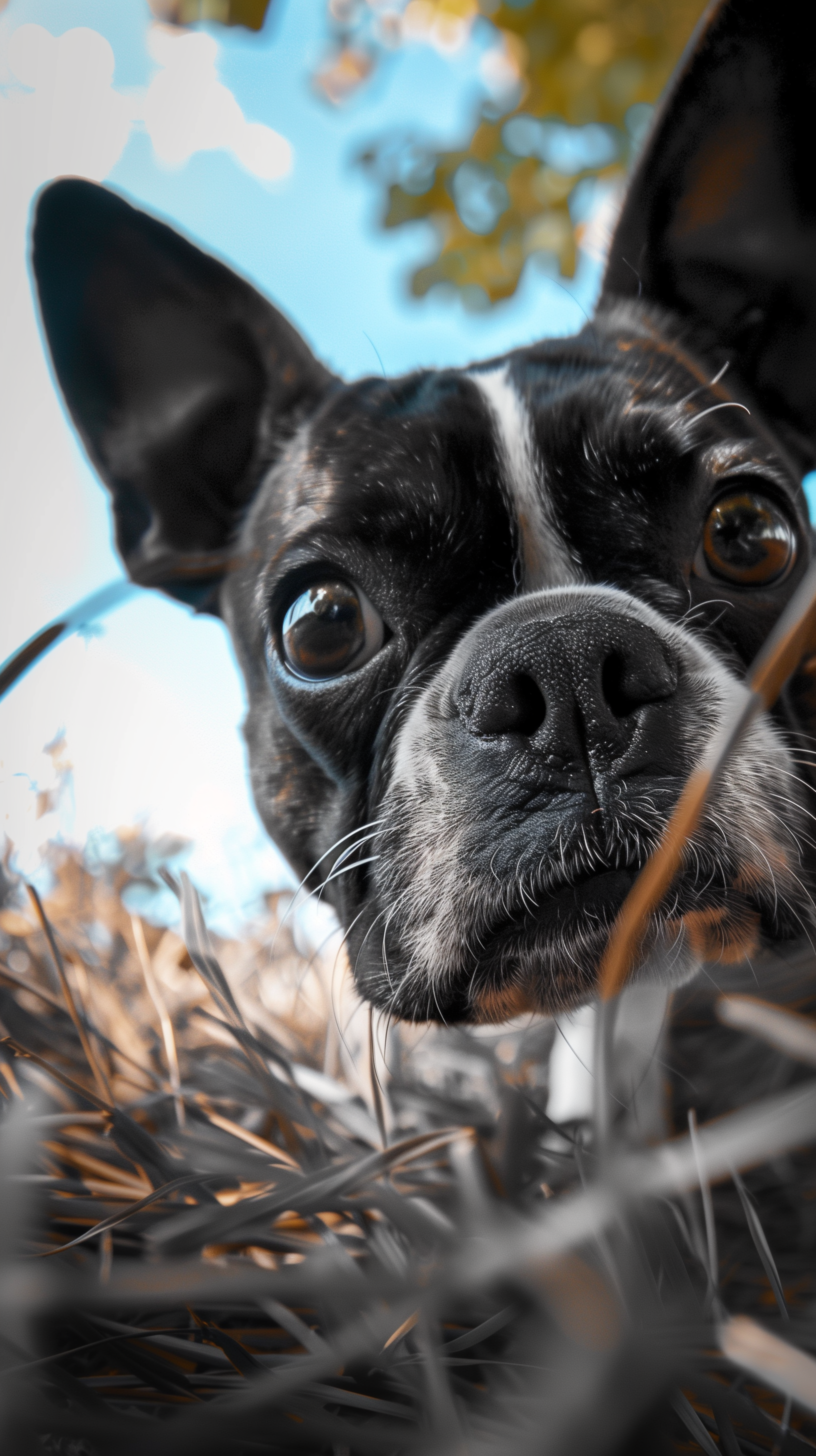 A close-up of a curious Boston Terrier peering through grass, with bright blue sky and soft foliage in the background, making it a charming phone wallpaper.