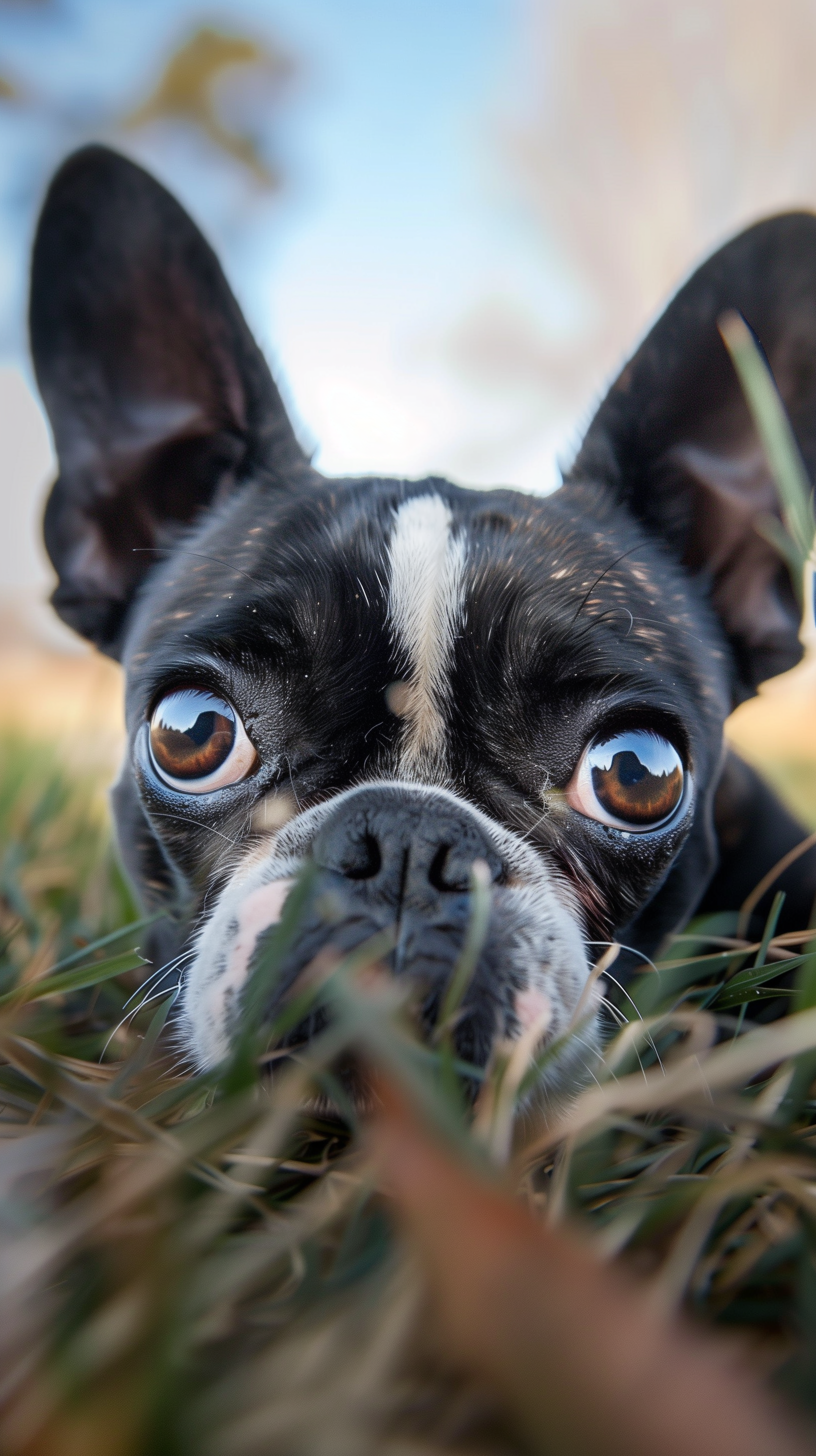 A close-up of a Boston Terrier lying in grass, showcasing its big, expressive eyes and distinctive coat. This image serves as an engaging phone wallpaper.