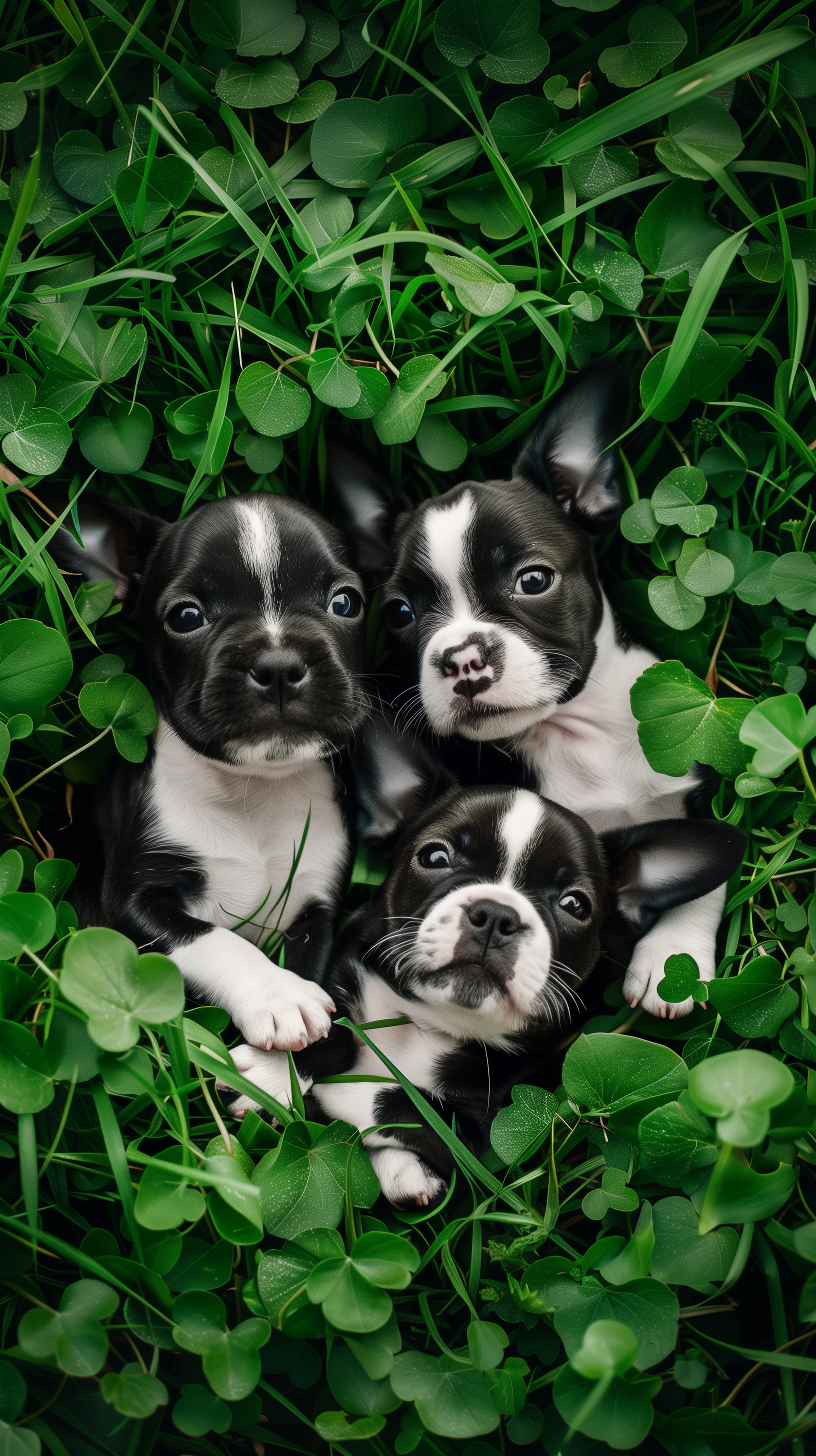 Three adorable Boston Terrier puppies cuddle together in a patch of lush green grass and clovers, creating a charming phone wallpaper.