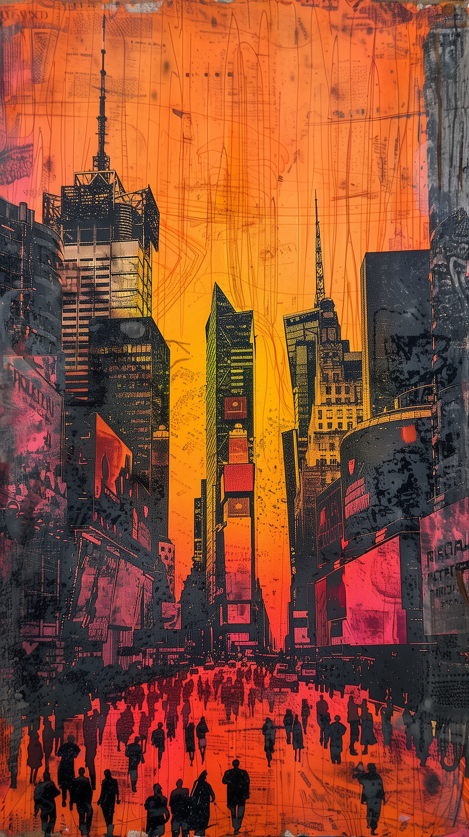 A vibrant, stylized phone wallpaper of Times Square, New York, showcasing bustling streets and towering skyscrapers against a striking orange gradient sky.
