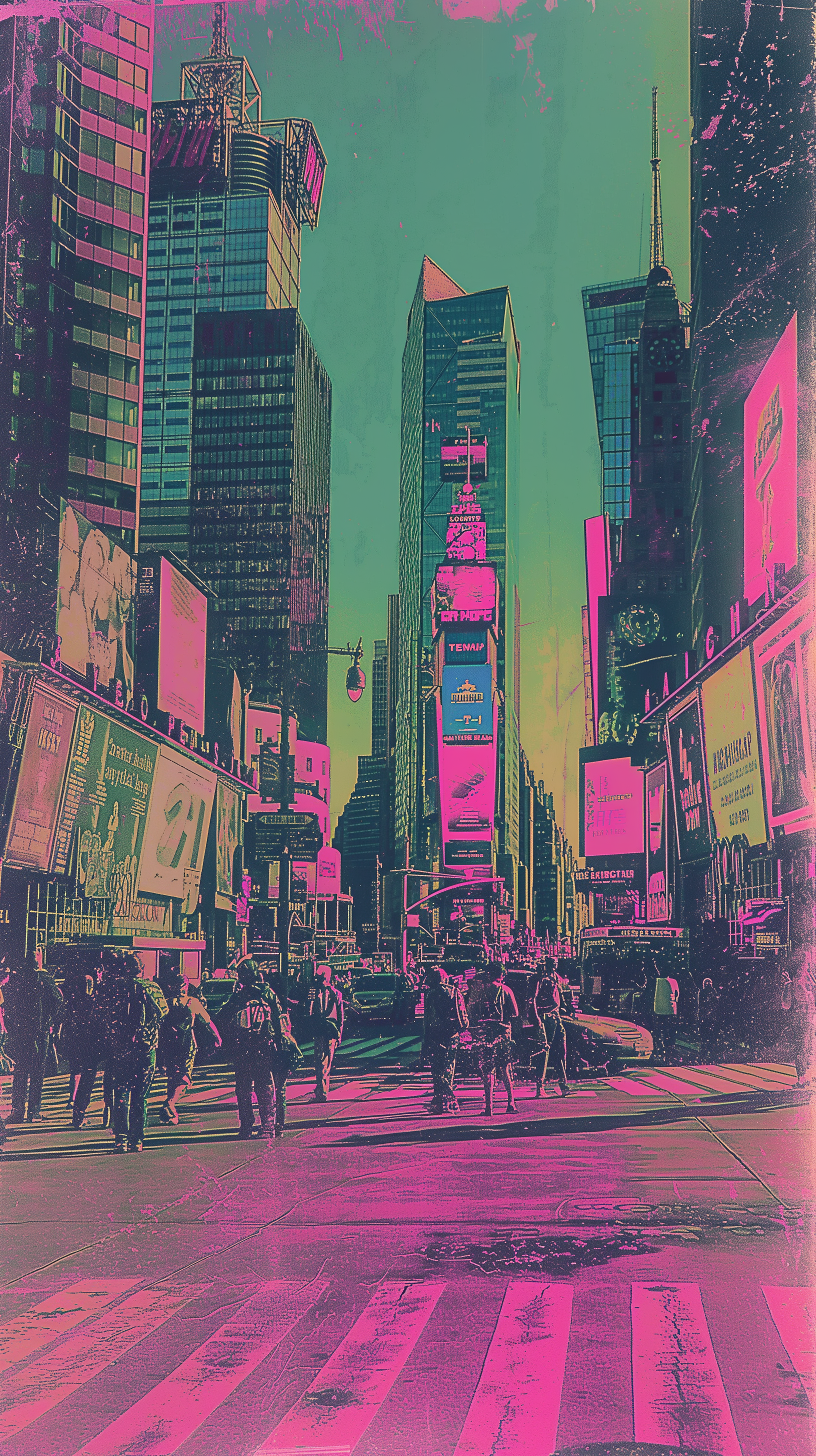 A vibrant phone wallpaper featuring Times Square, New York, with bustling crowds and iconic skyscrapers, bathed in striking pink and teal tones.
