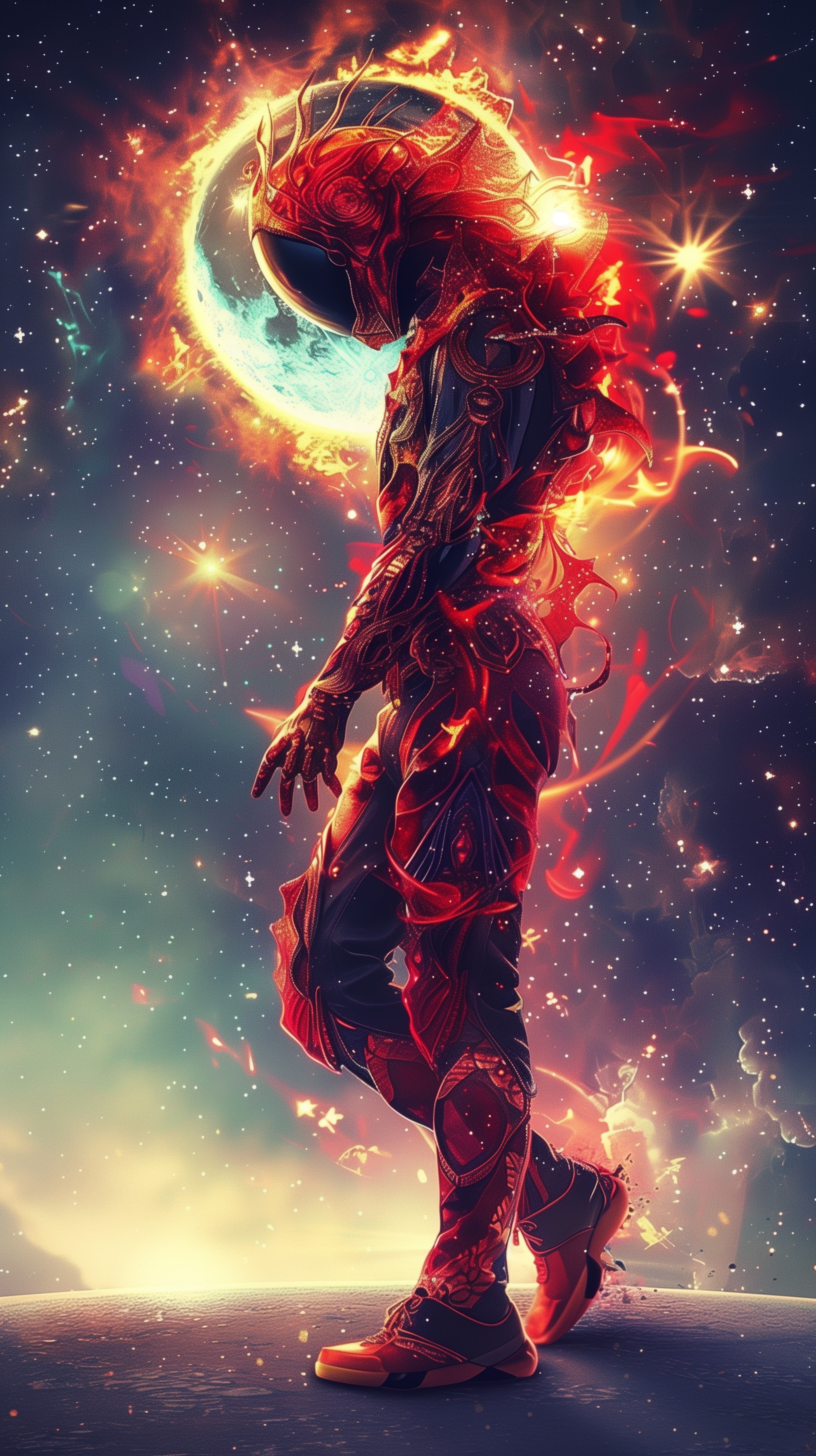 A vibrant spacesuit figure stands against a cosmic backdrop, engulfed in swirling solar flares, creating a striking phone wallpaper that captures the beauty of space.
