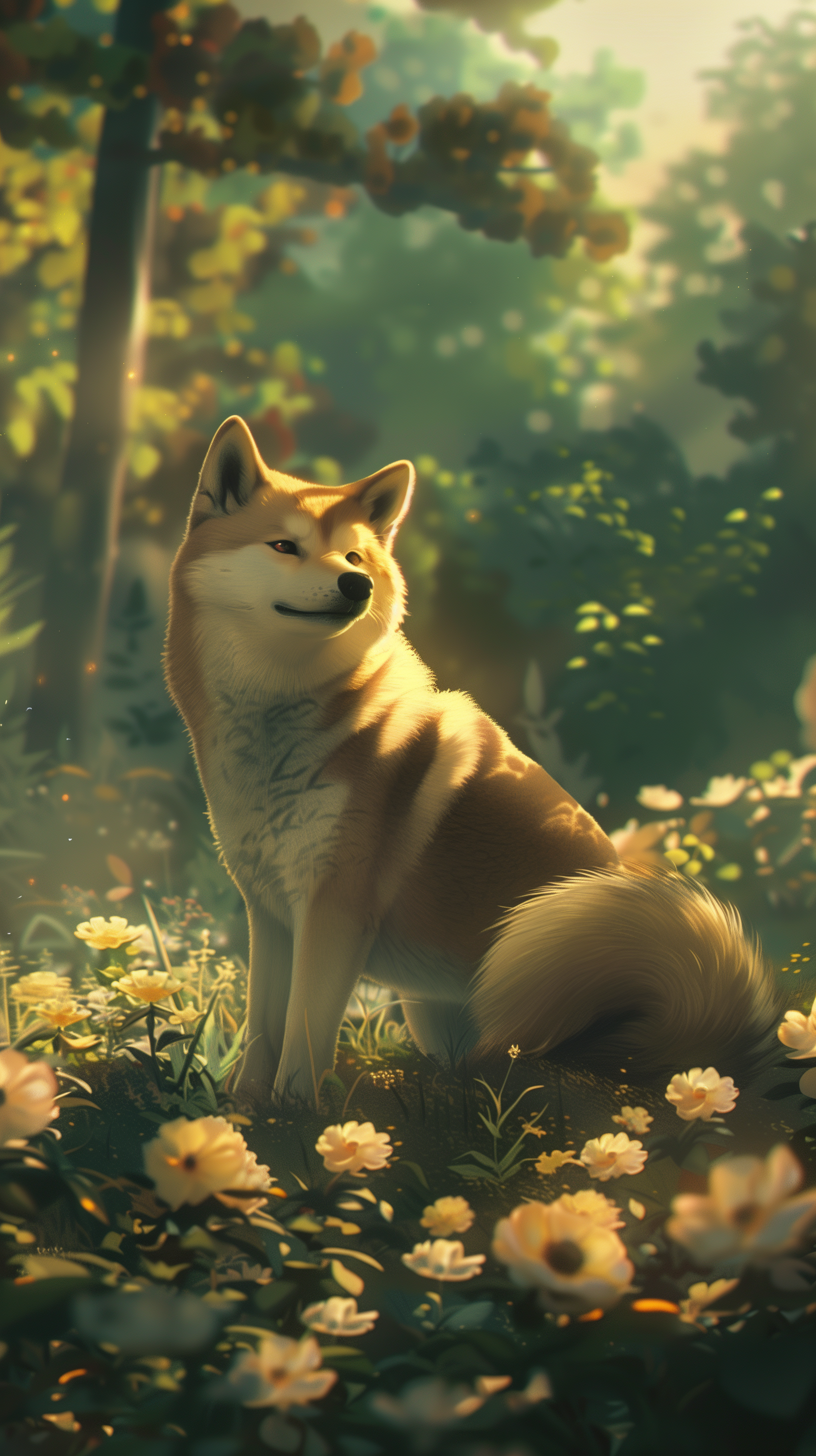 Doge phone wallpaper featuring a Shiba Inu dog amidst sunlit flowers in a serene forest setting.