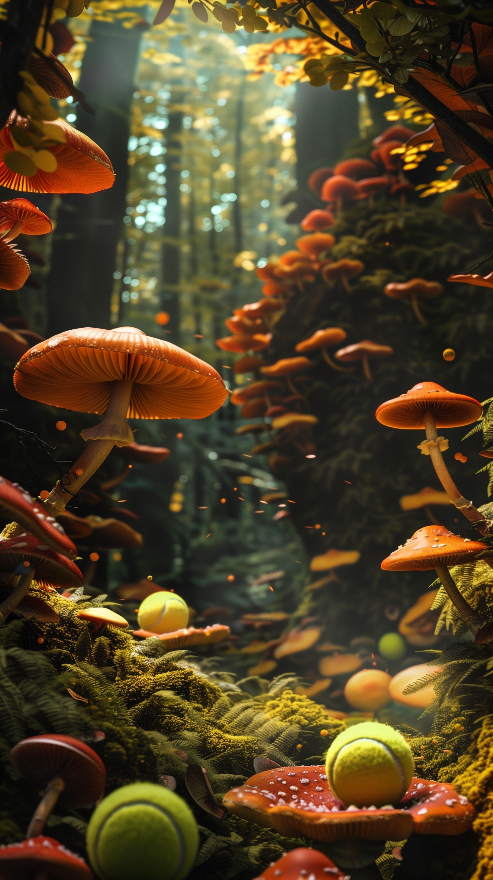 Enchanted forest wallpaper with tennis balls and mushrooms for phone background.