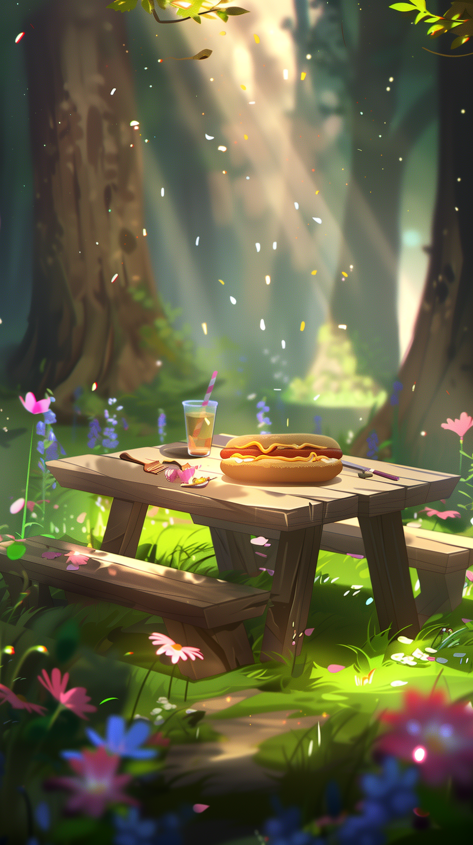 Enchanting forest picnic scene with hot dog on a table for phone wallpaper.