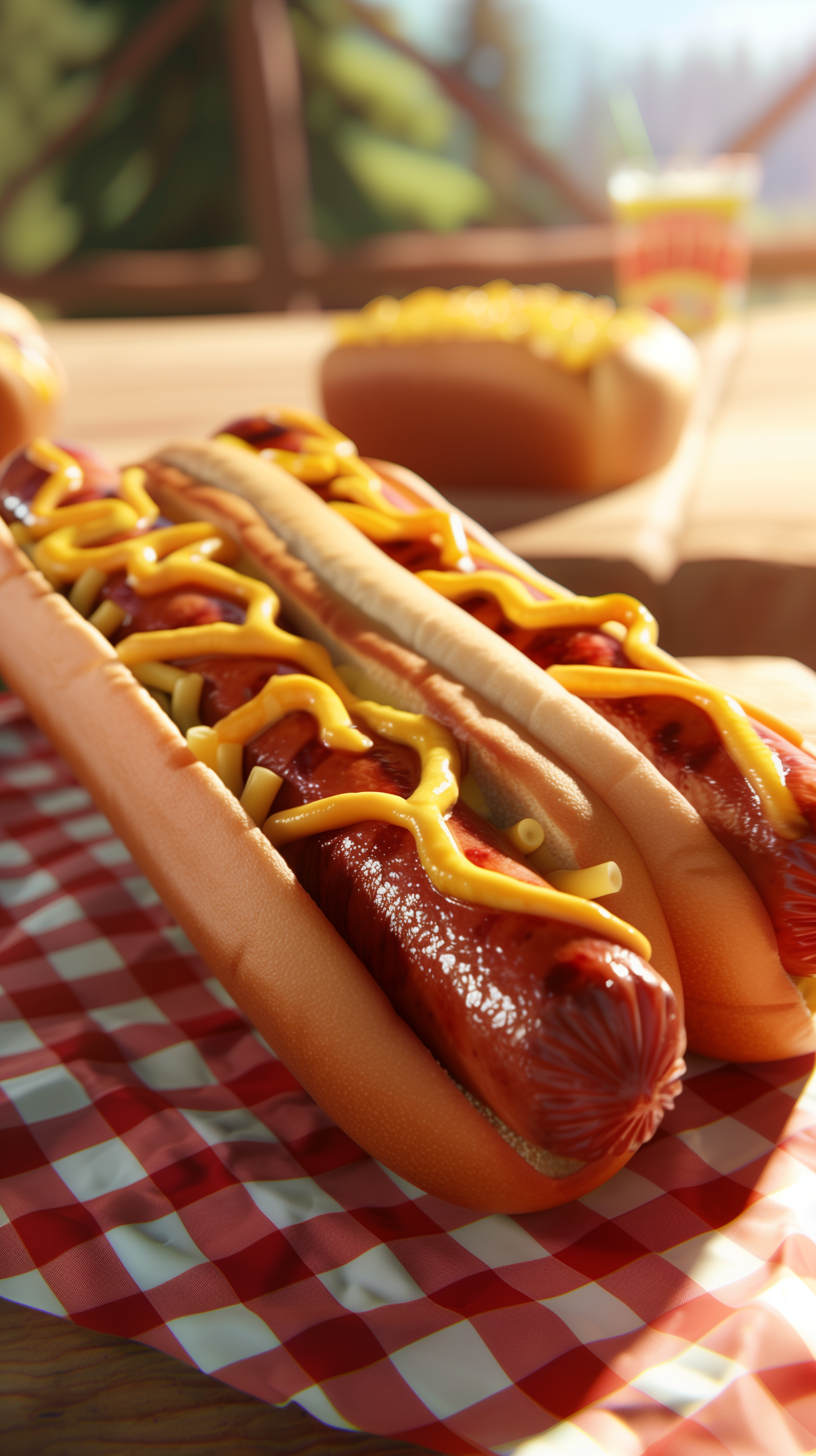 A vibrant phone wallpaper showcasing delicious hot dogs drizzled with mustard, set against a checkered background, complemented by macaroni and cheese in the scene.