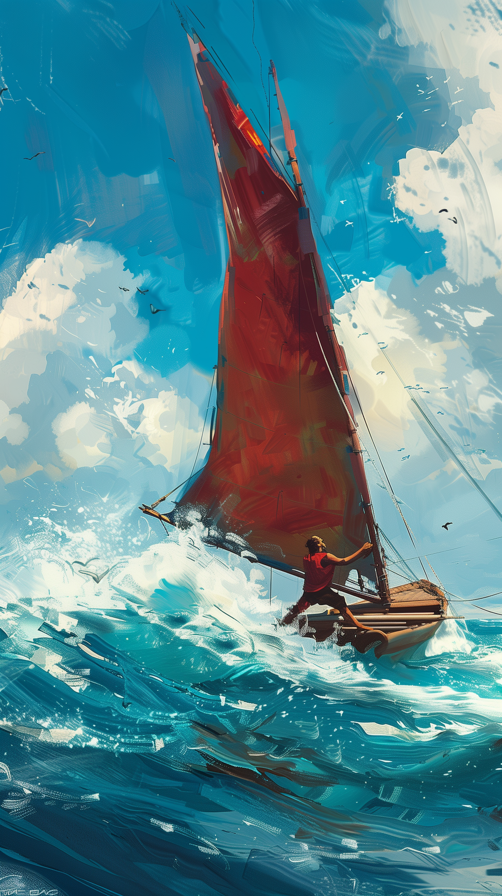 Phone wallpaper featuring a vibrant illustration of a sailor navigating a boat with a red sail on the ocean.