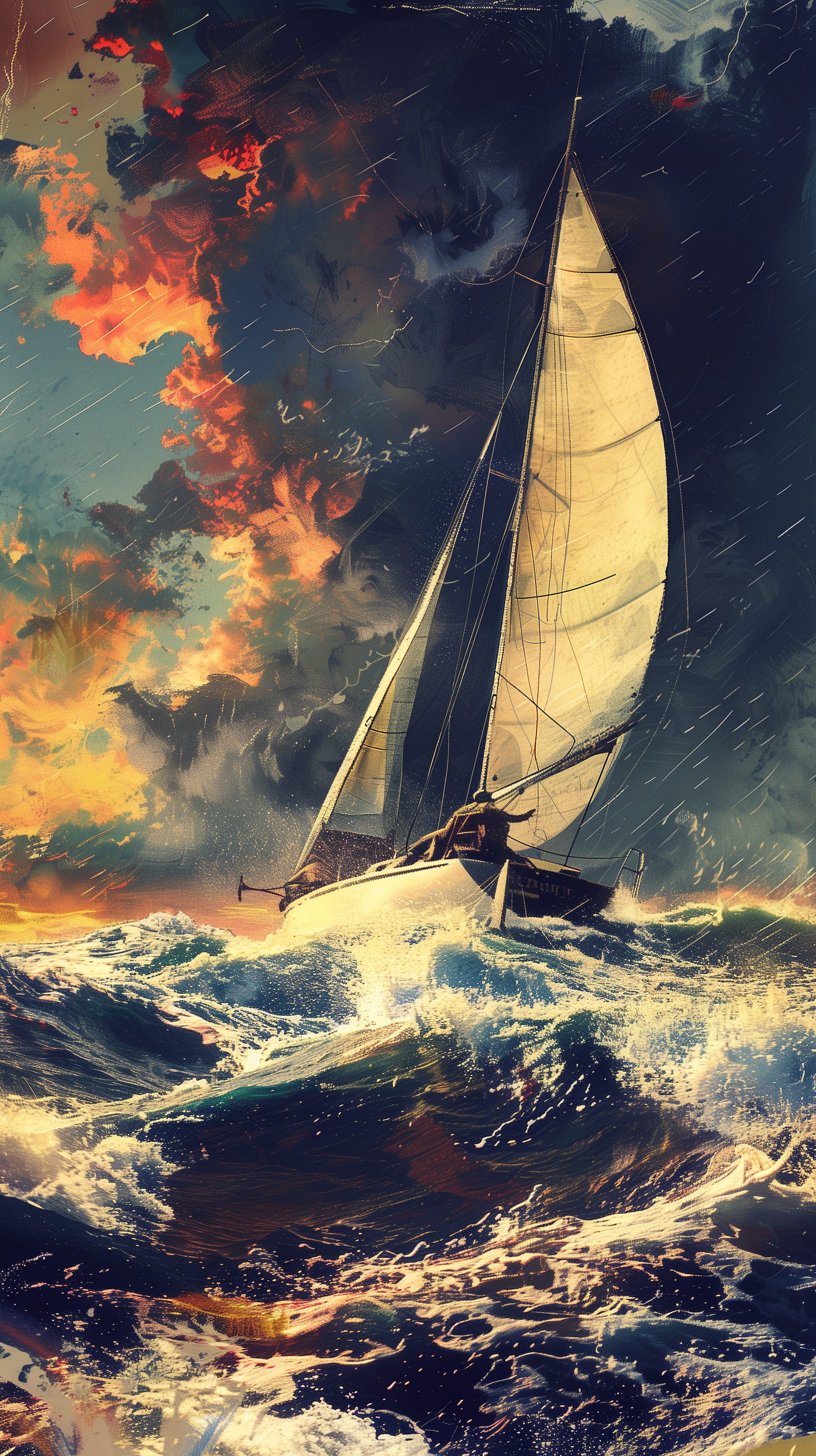 Sailboat navigating through wavy ocean under a dramatic sky - artistic phone wallpaper