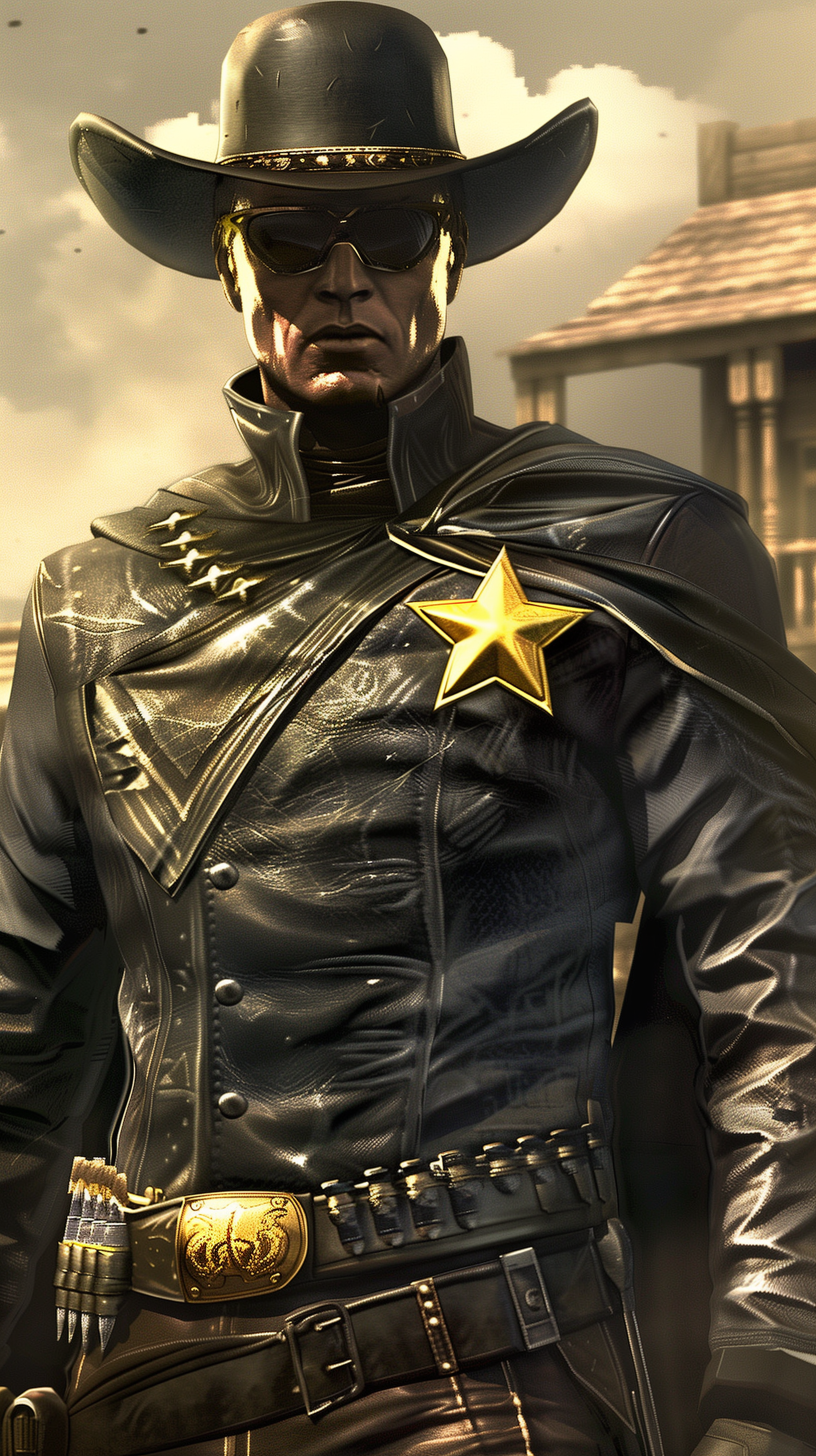 Stylized sheriff character wallpaper for a phone, featuring a lawman in a hat and badge with a Western backdrop.