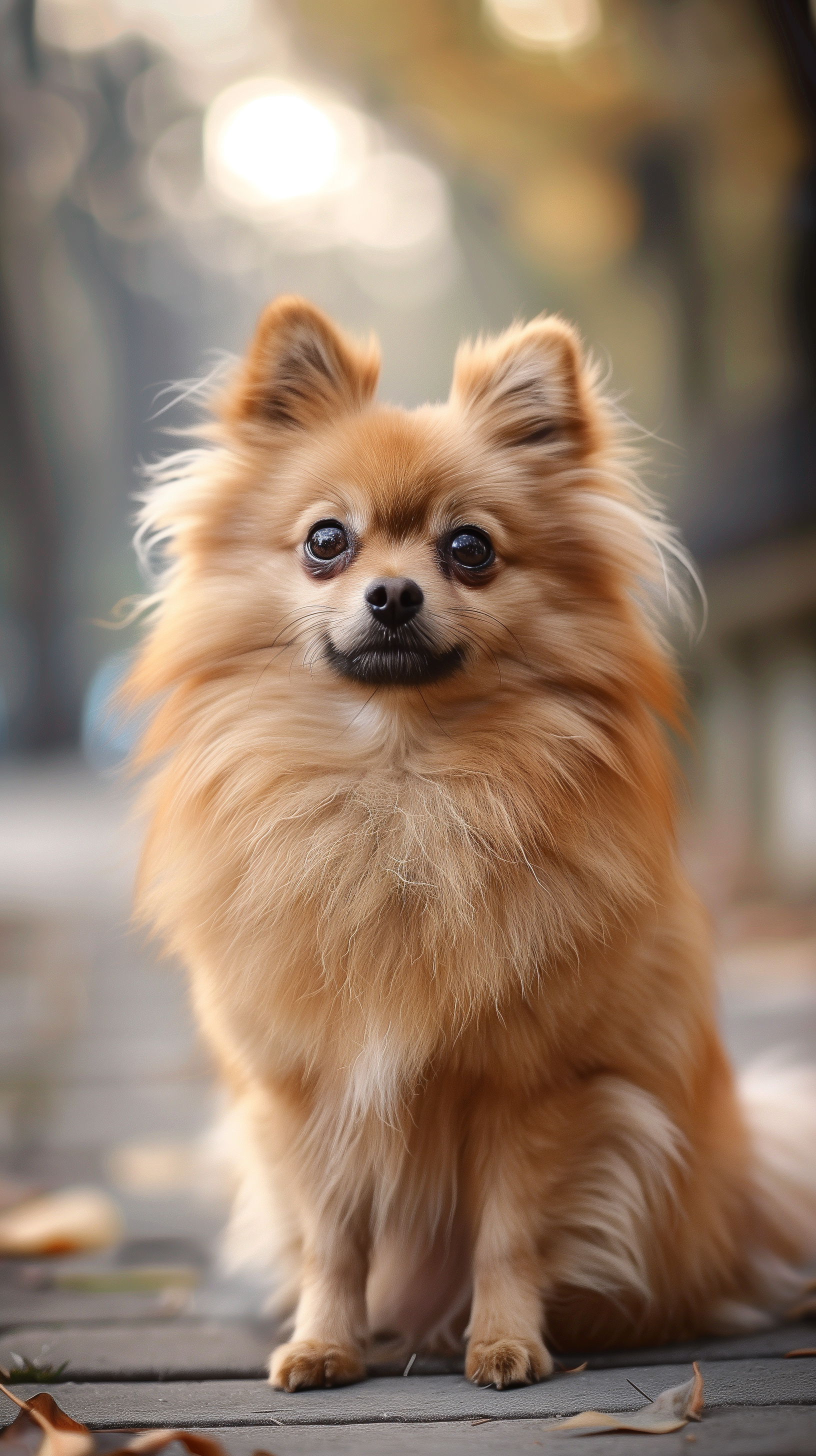 A fluffy Pomeranian sits on a path surrounded by autumn leaves, its expressive eyes capturing attention. This image serves as a charming phone wallpaper.