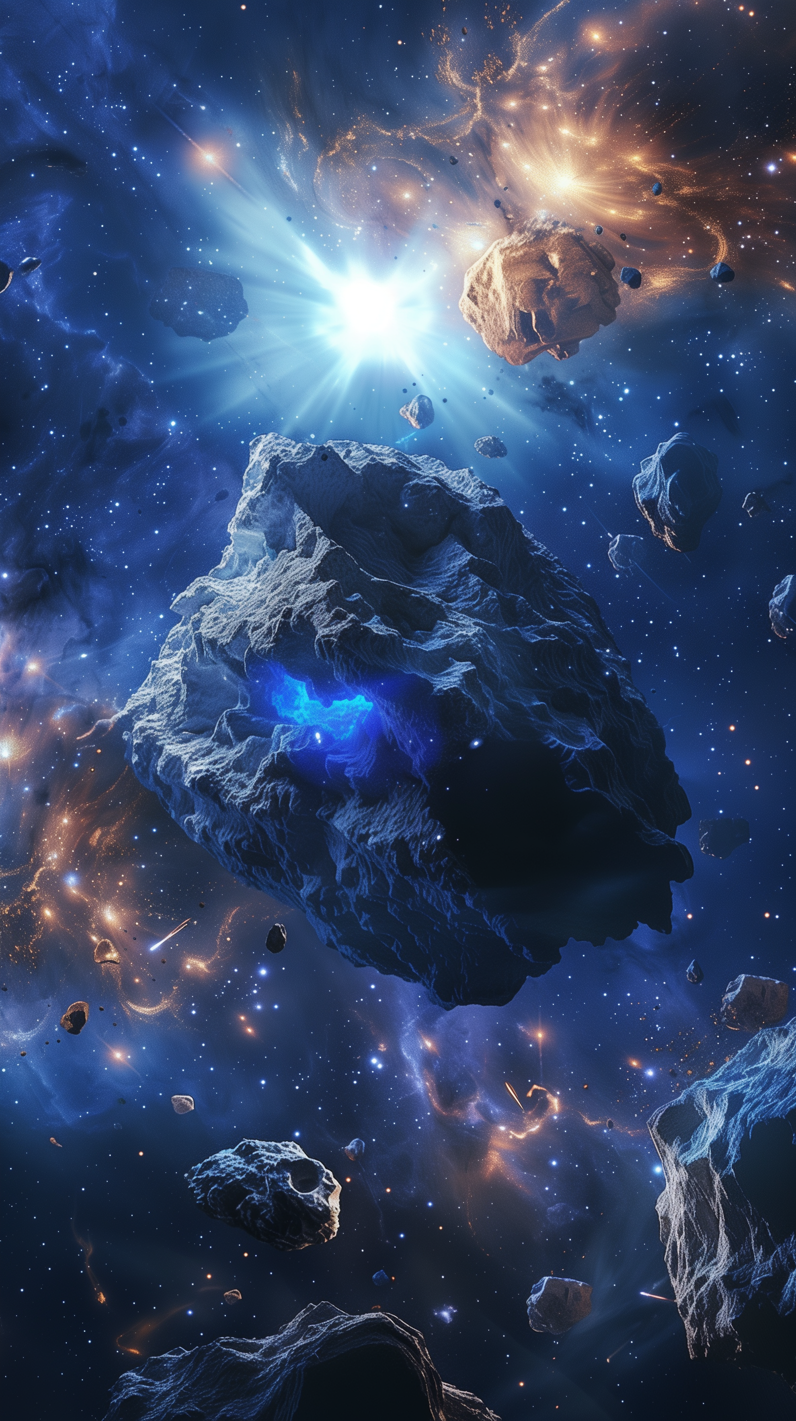 A captivating phone wallpaper featuring a meteorite surrounded by vibrant cosmic elements, including glowing stars and distant celestial bodies, set against a deep space backdrop.
