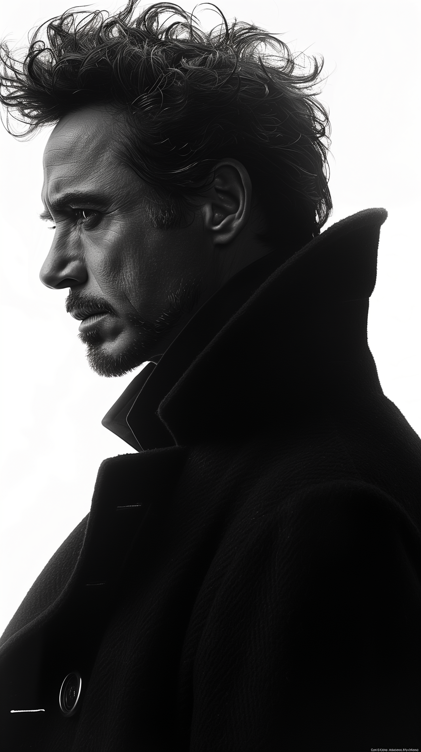 A striking black and white phone wallpaper featuring a side profile of Sherlock Holmes, showcasing a mysterious and contemplative expression.