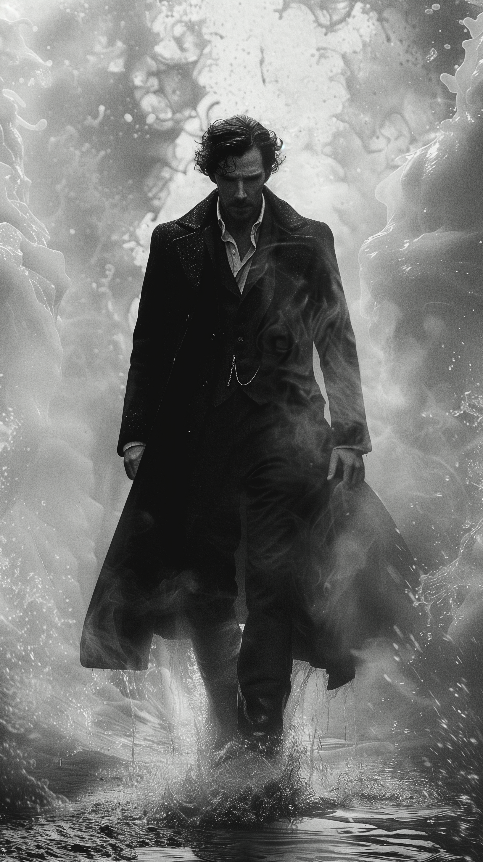 A dramatic black-and-white phone wallpaper featuring Sherlock Holmes walking through mist and water, exuding an aura of mystery and intrigue.